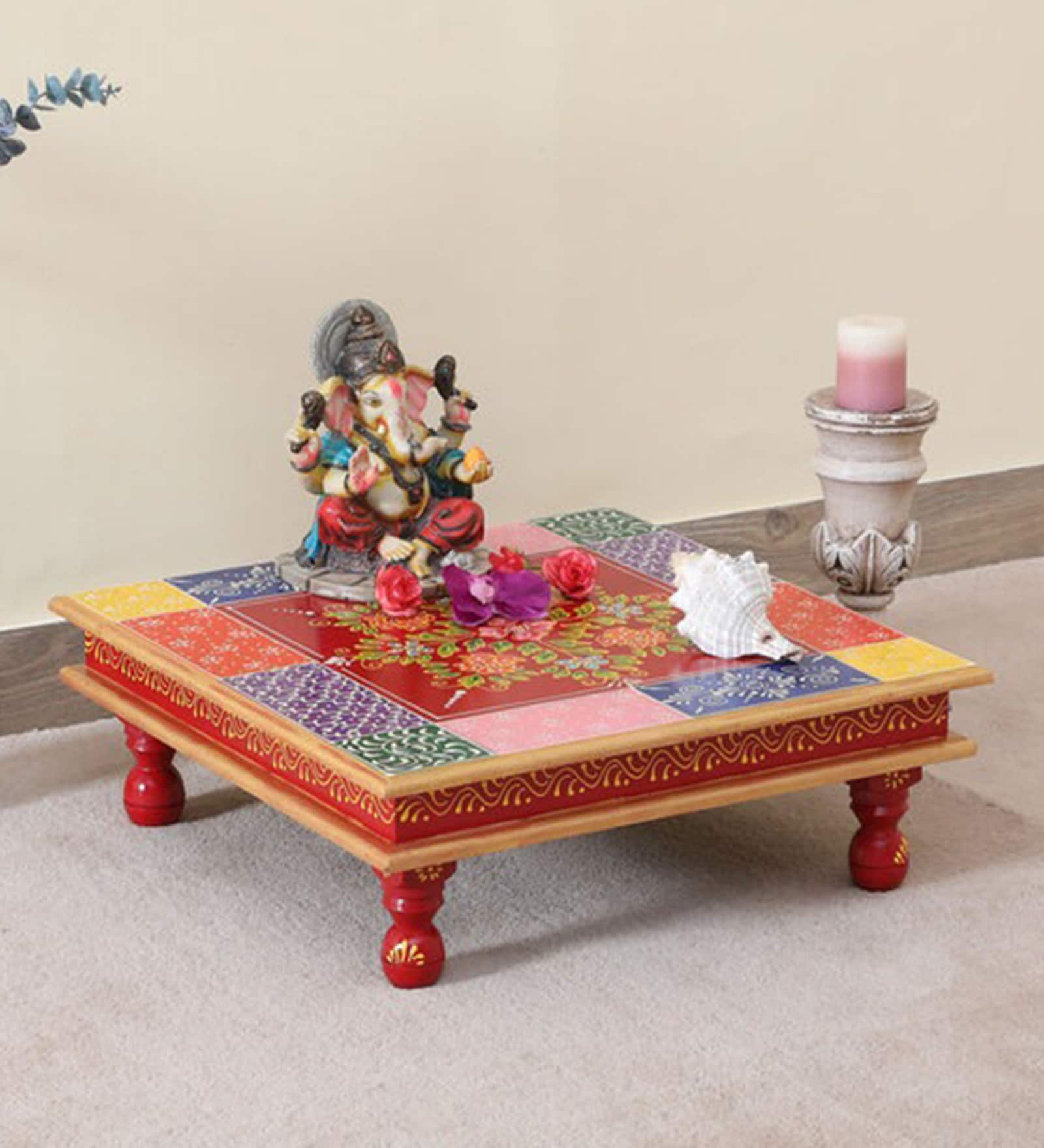Square Mango Wood And MDF Hand Painted Pooja Chowkie
