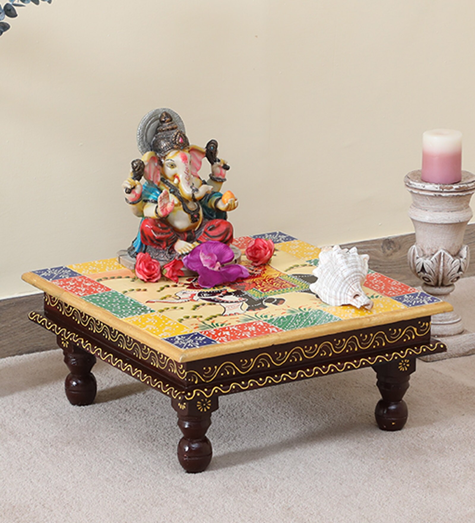 Buy Traditional Mango Wood And MDF Hand Painted Pooja Chowkie at 14