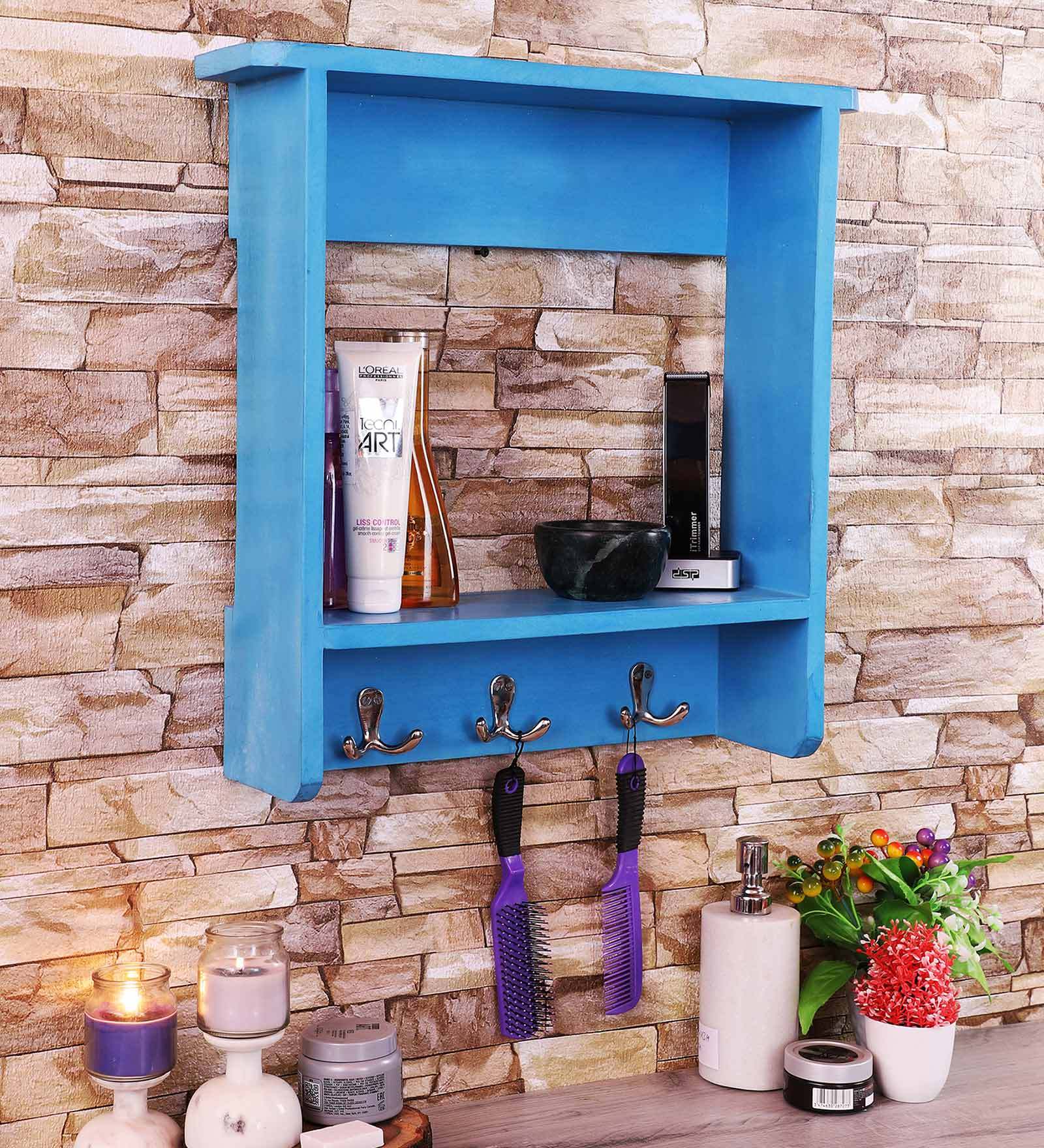 Mango Wood Blue Wall Shelf Key Holder