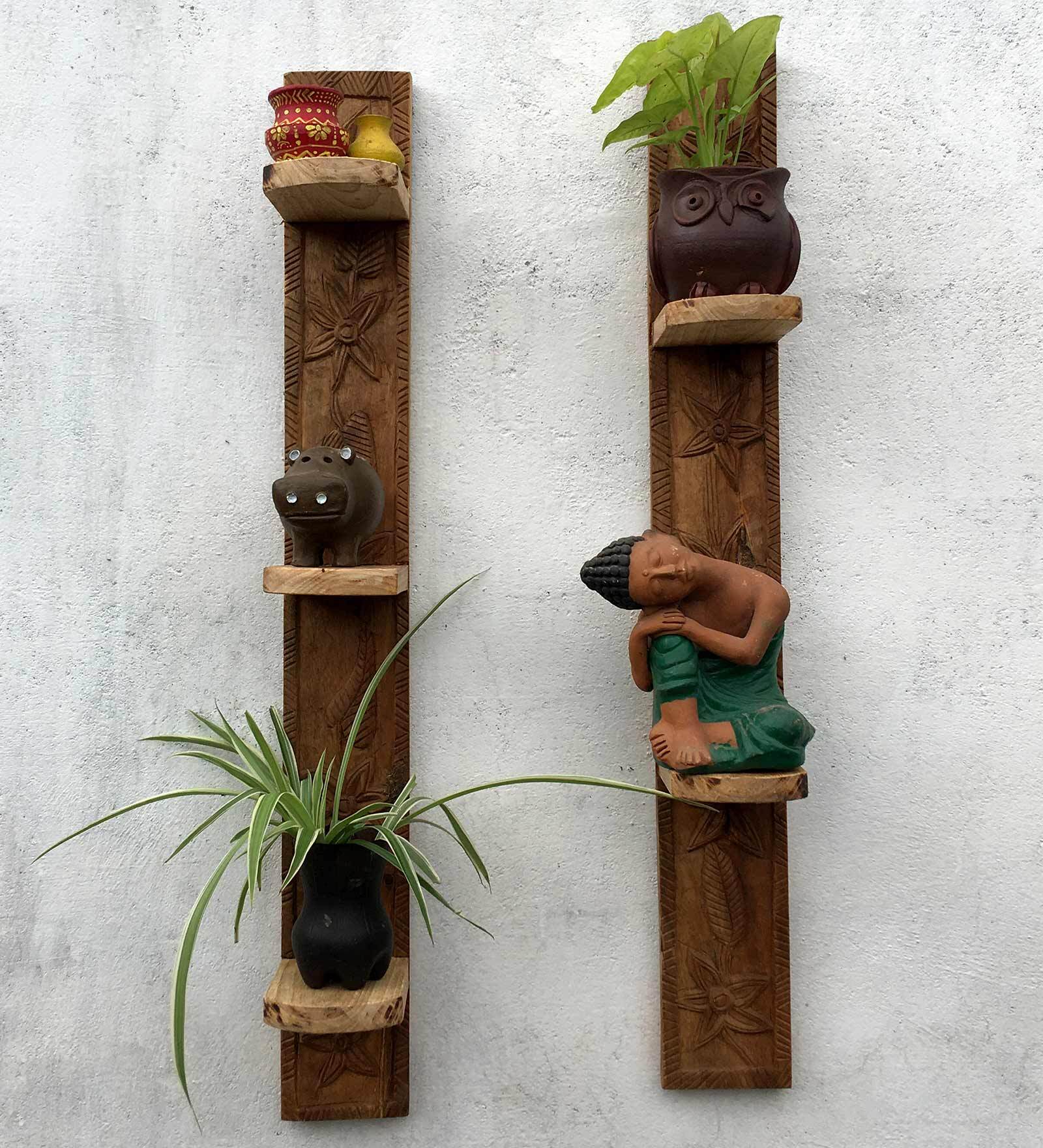 Mango Wood Five Tiered Wall Shelf In Natural Finish