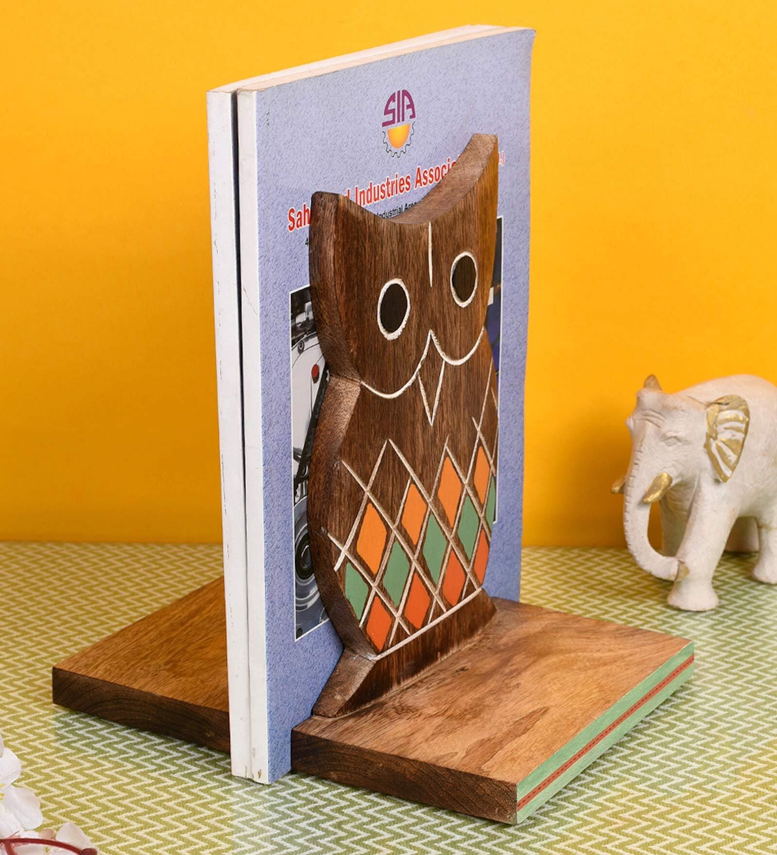 Owl Shape Brown Mango Wood Bookend