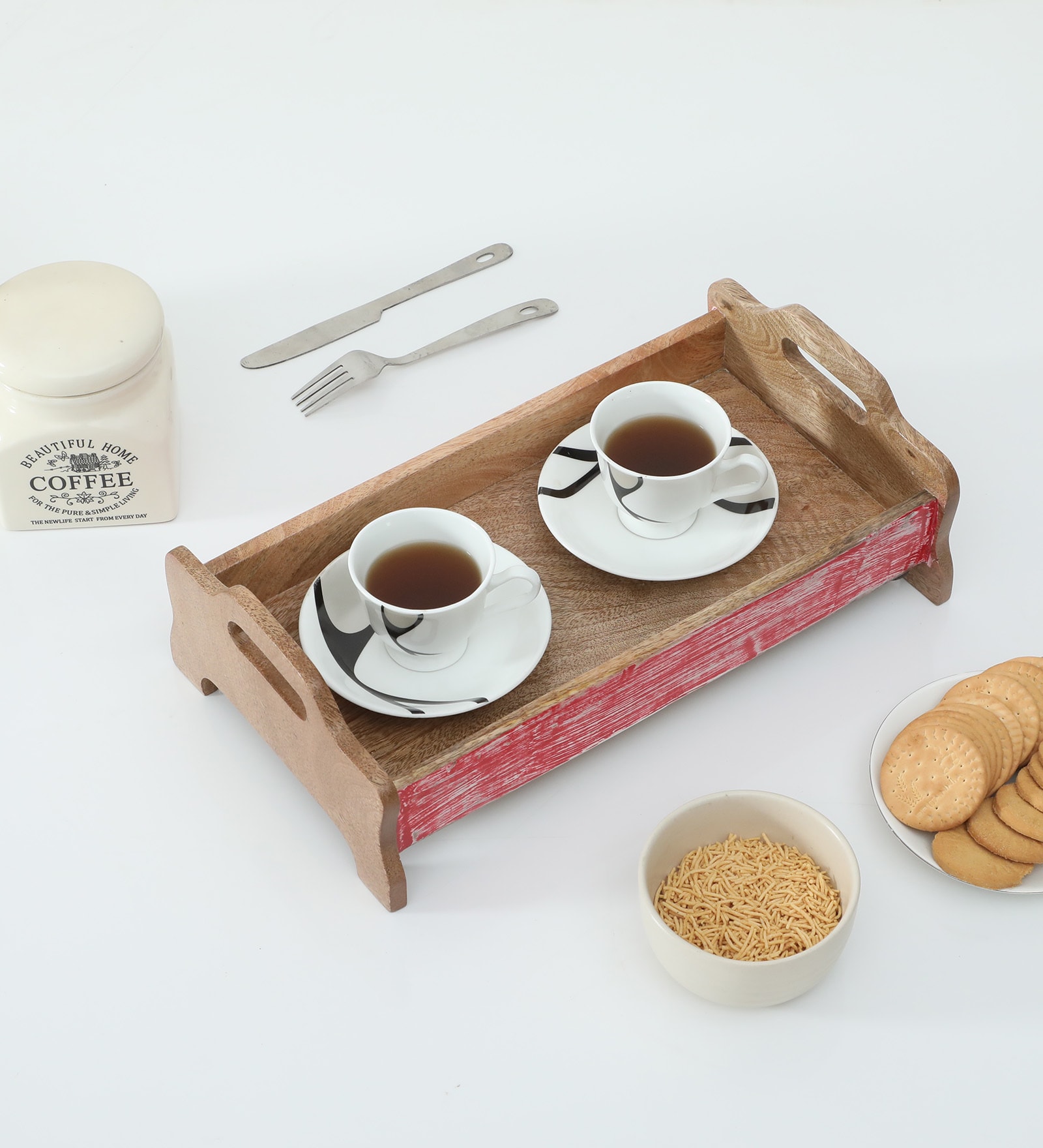 Mango Wood Red Distress Rectangular Serving Tray in Natural Finish