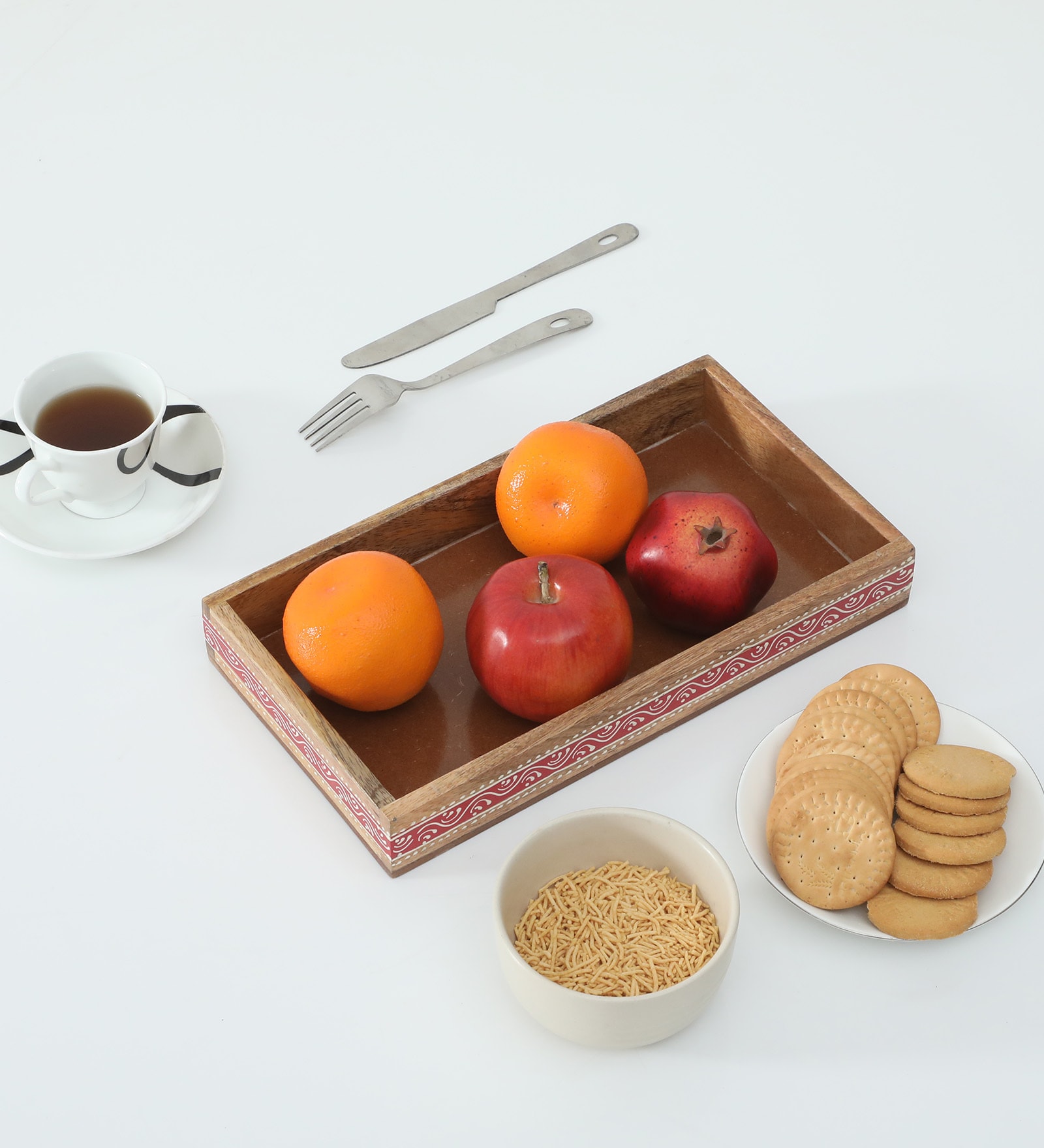Mango Wood Red Emboss Handpainted Rectangular Serving Tray in Natural Finish