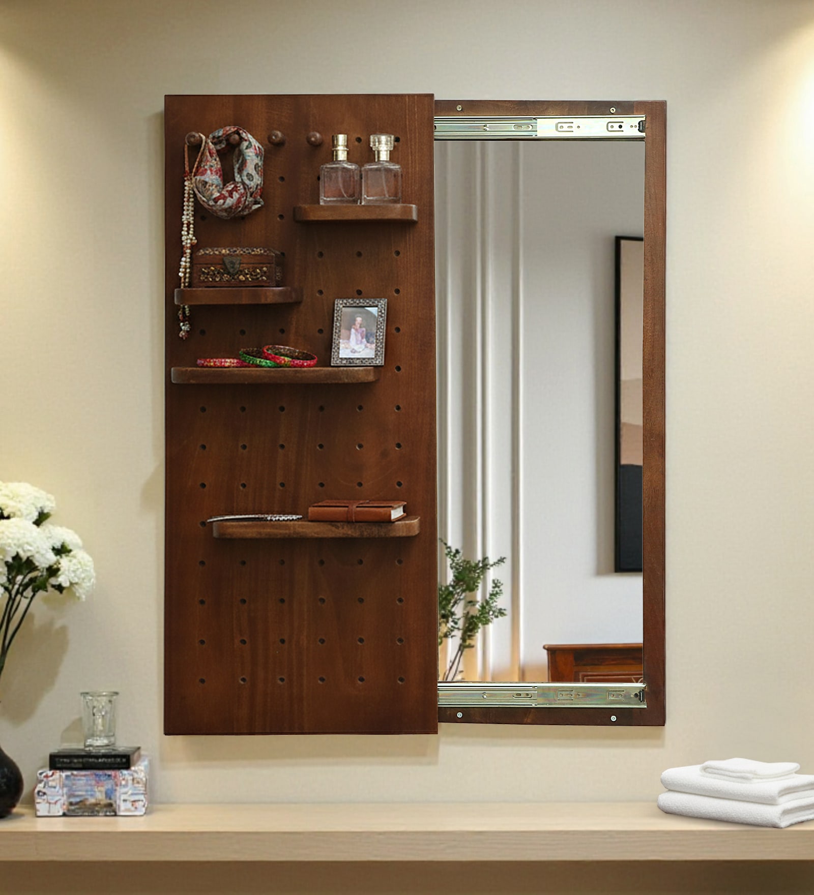 Mango Wood Sliding Door Dressing Wall Mirror in Tubbaq Finish