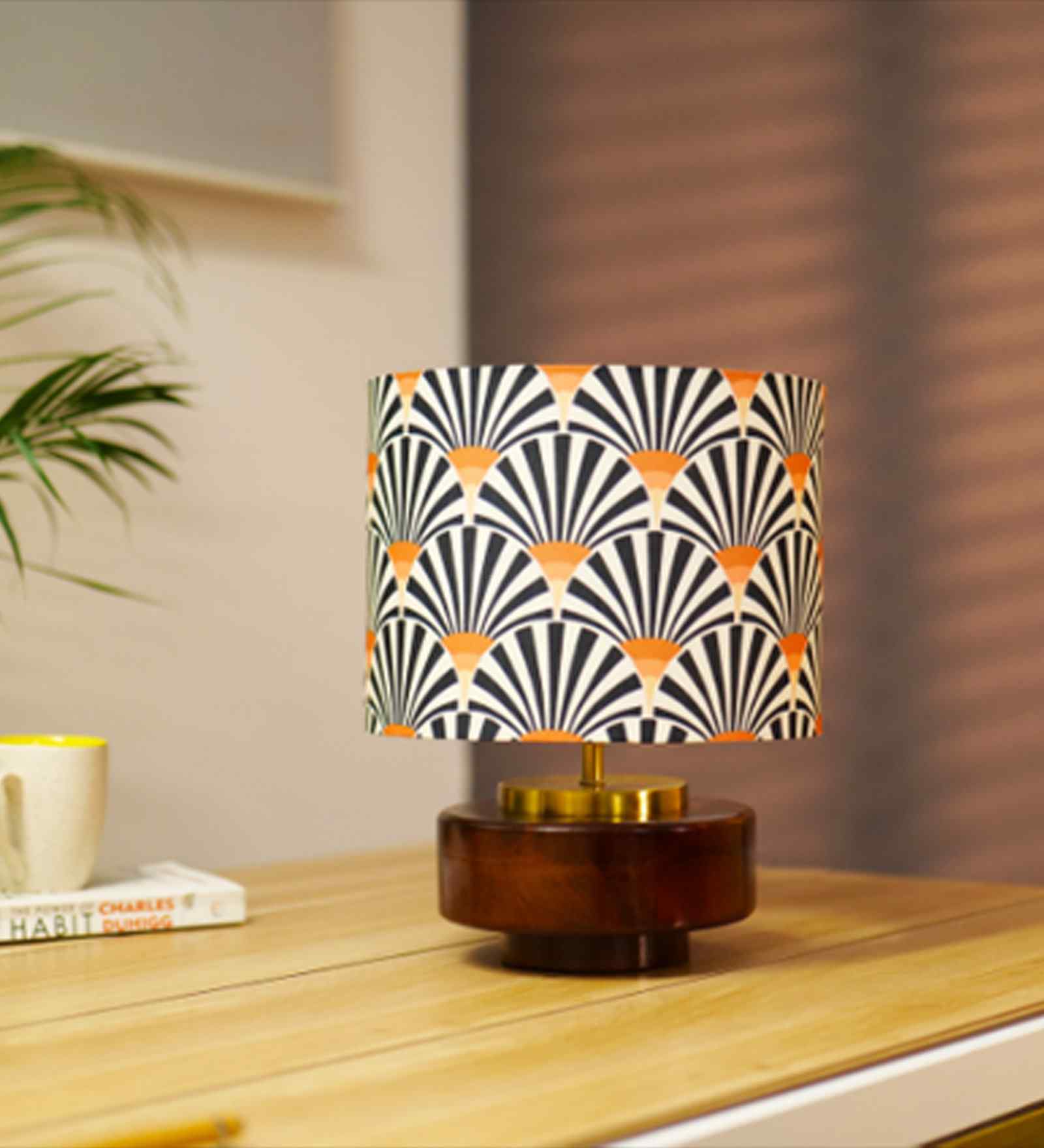 Mango Wood Turtle Base Table Lamp With Orange Zebra Fabric Lampshade 14"