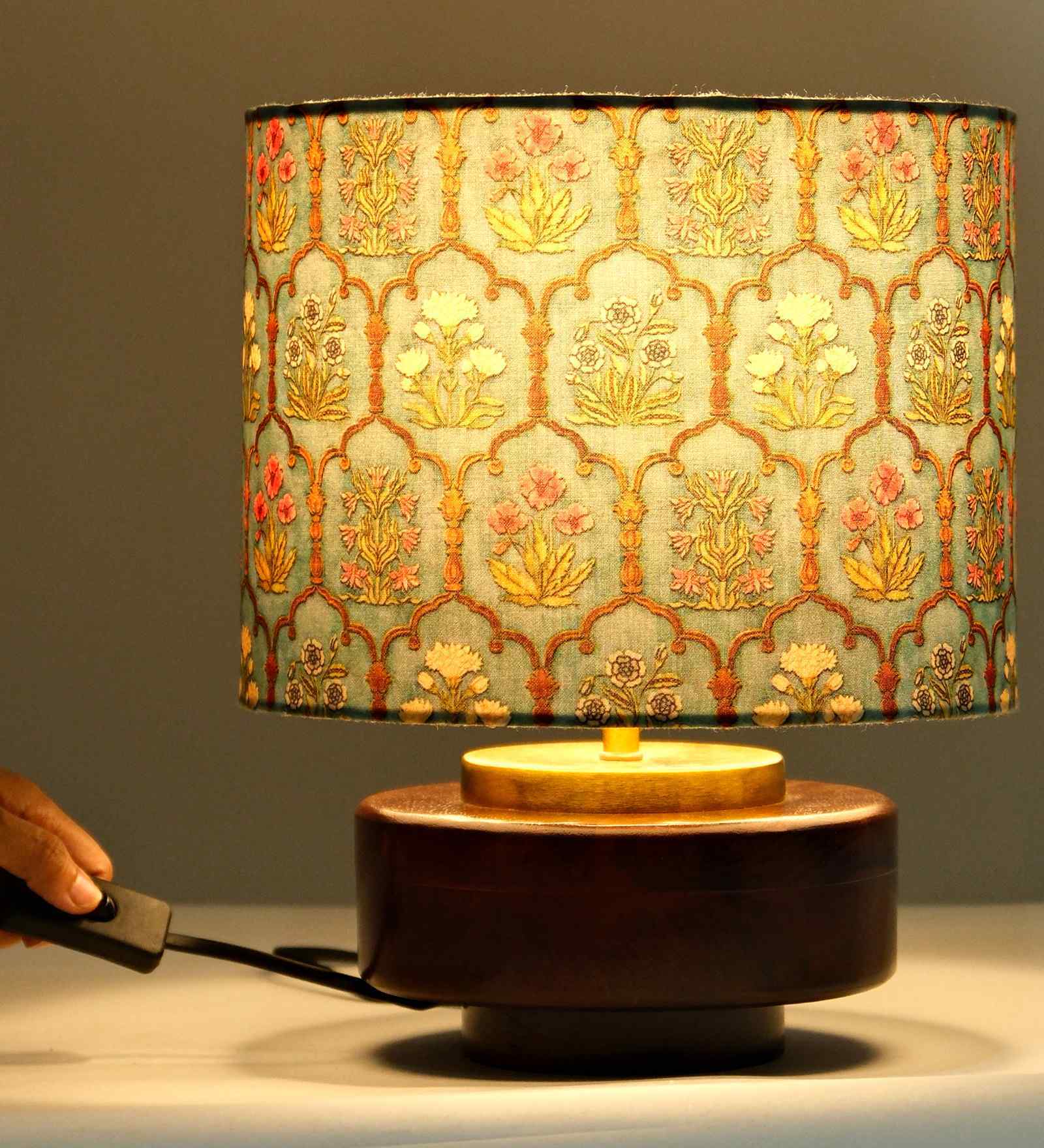 Mango Wood Turtle Base With Teal Garlands Fabric Lampshade 14"