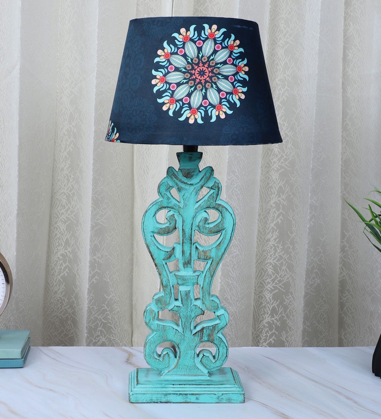 Aqua French Mangowood Table Lamp with French Floral Print Satin Shade