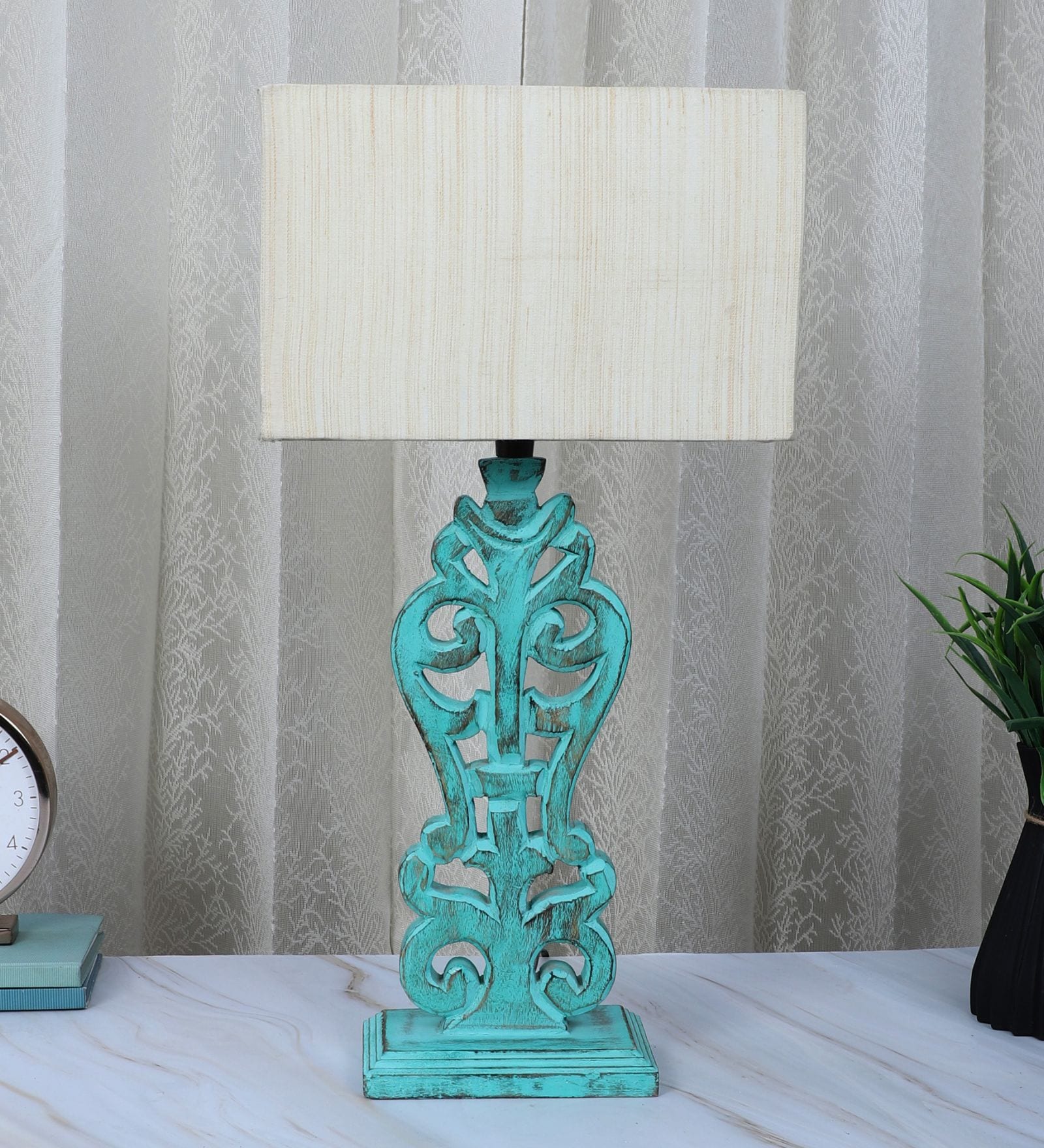 Aqua French Mangowood Table Lamp with Off White Cotton Shade