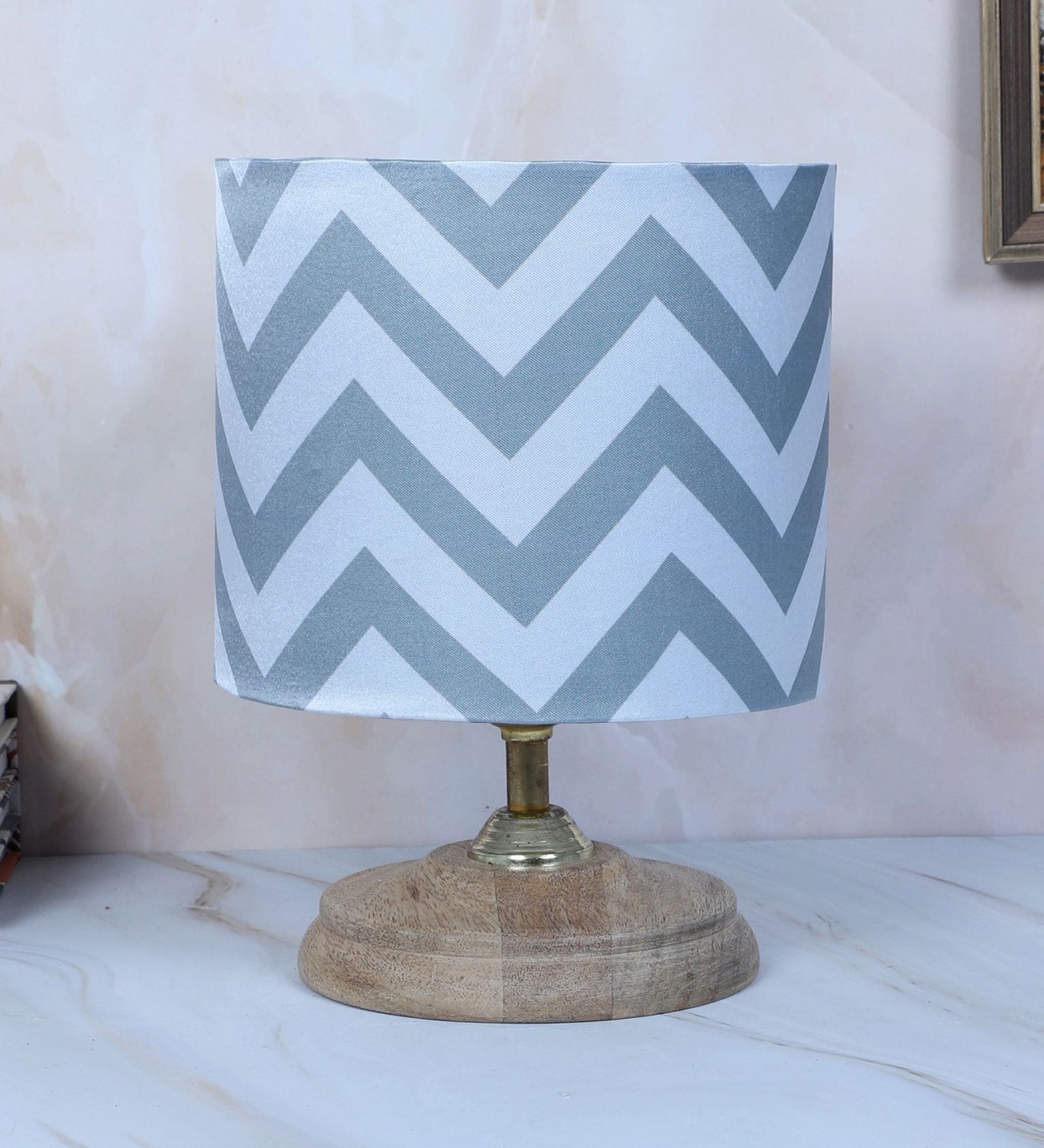 Circular Mangowood Table Lamp with Maze Print Satin Shade