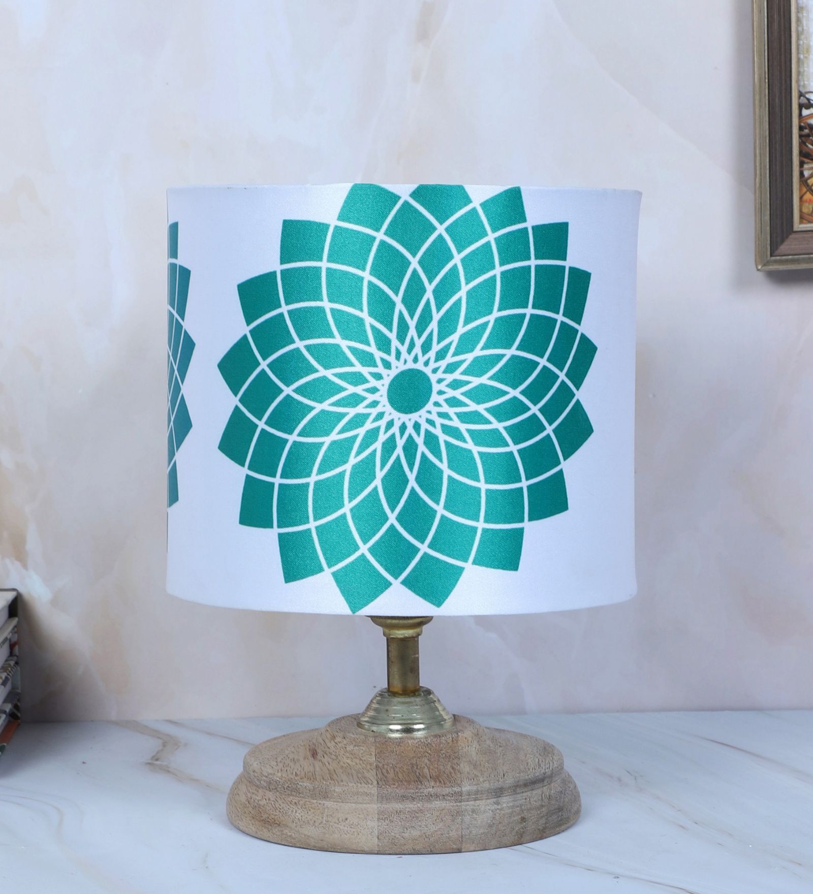 Circular Mangowood Table Lamp with Dahlia Floral Print Satin Shade