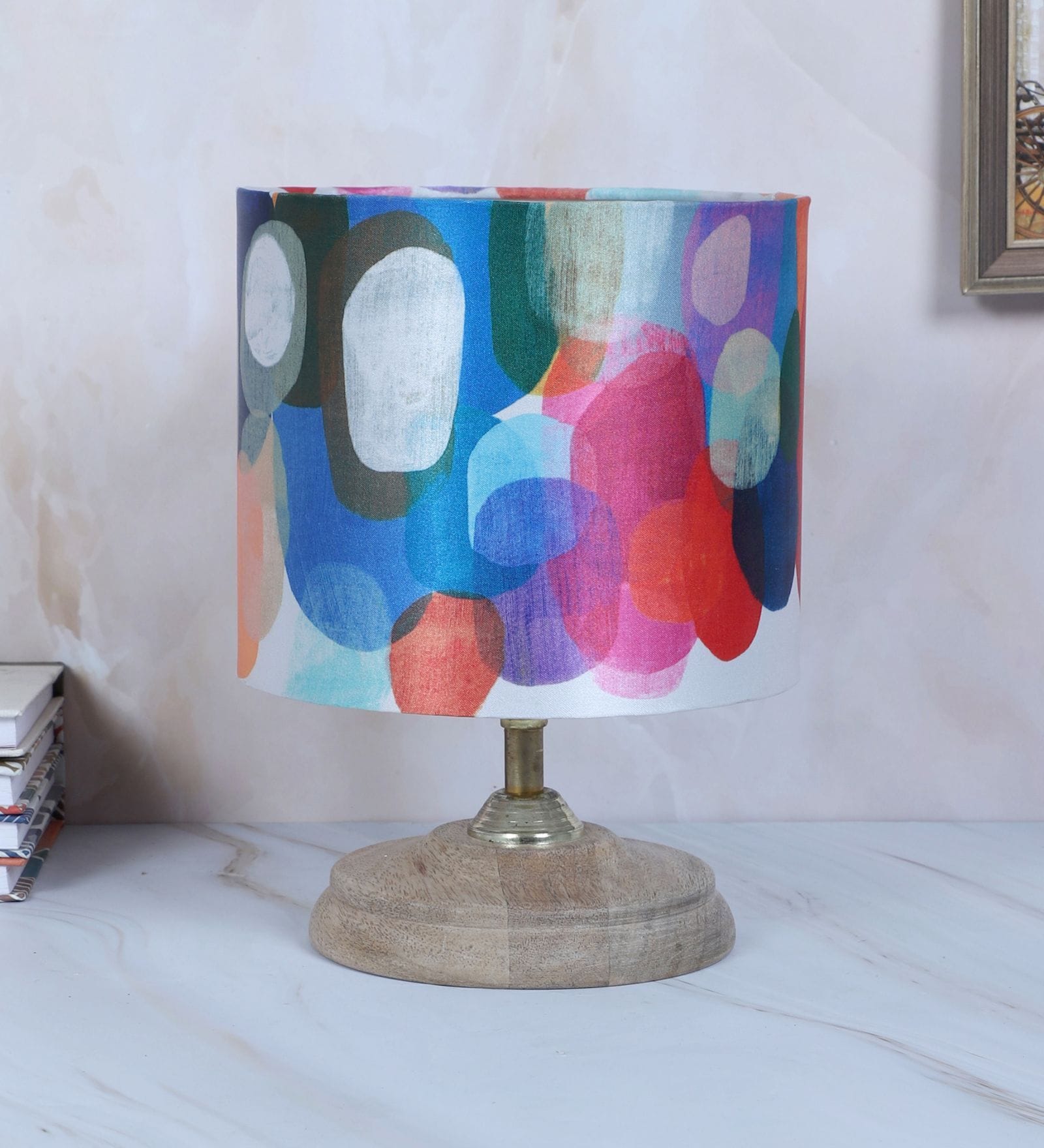 Circular Mangowood Table Lamp with Abstract Print Satin Shade