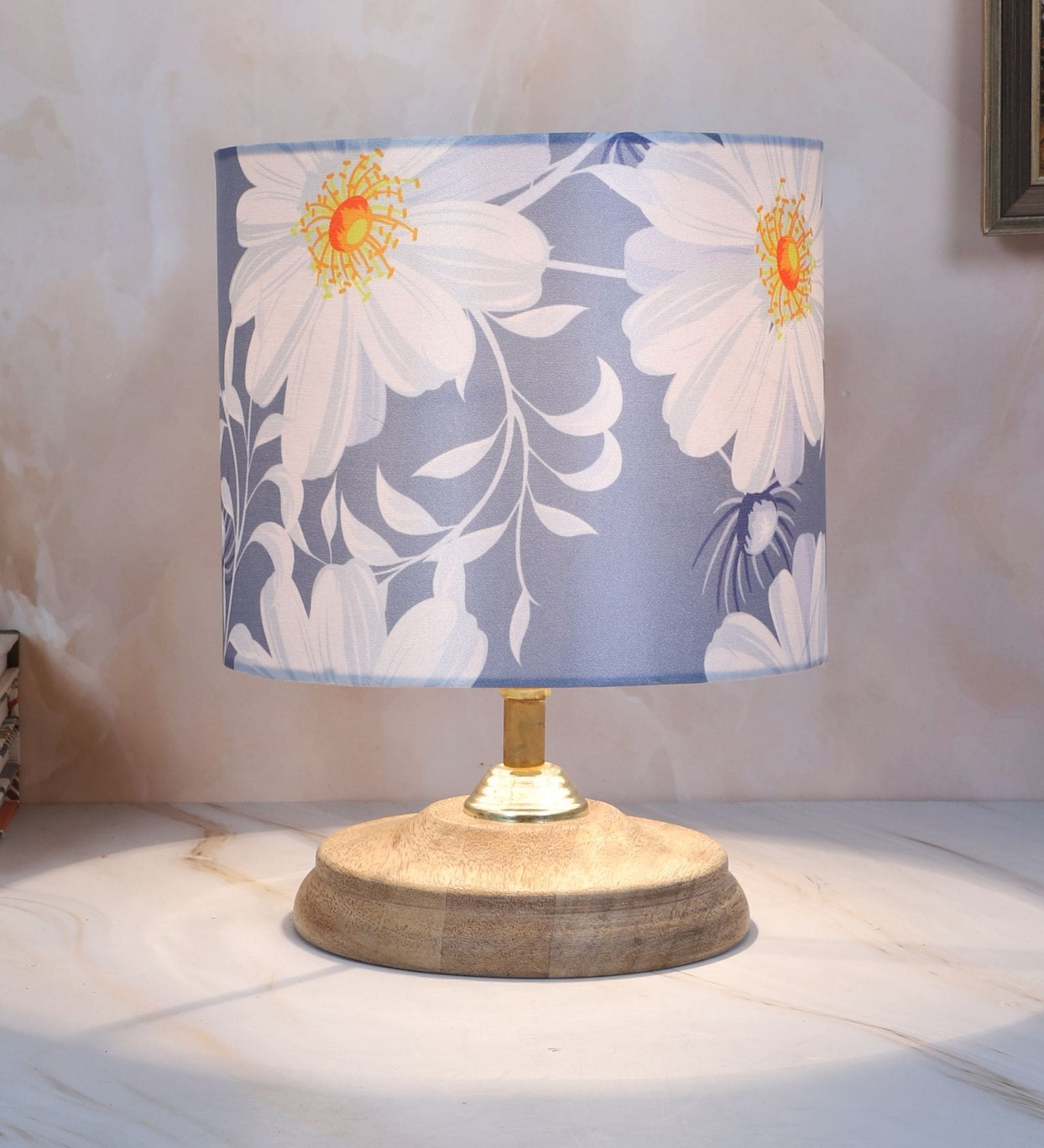 Circular Mangowood Table Lamp with Narcissue Floral Print Satin Shade