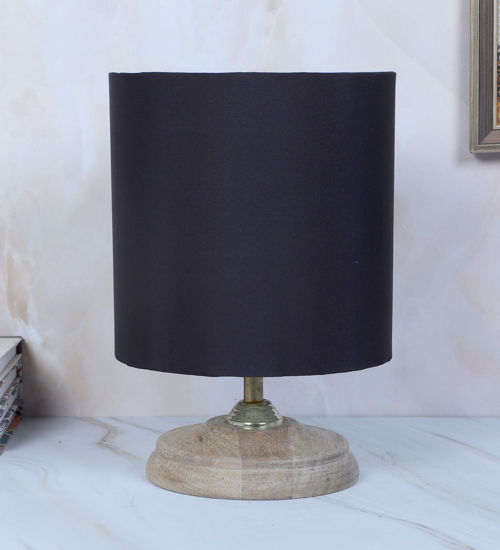 Circular Mangowood Table Lamp with Black Cotton Shade