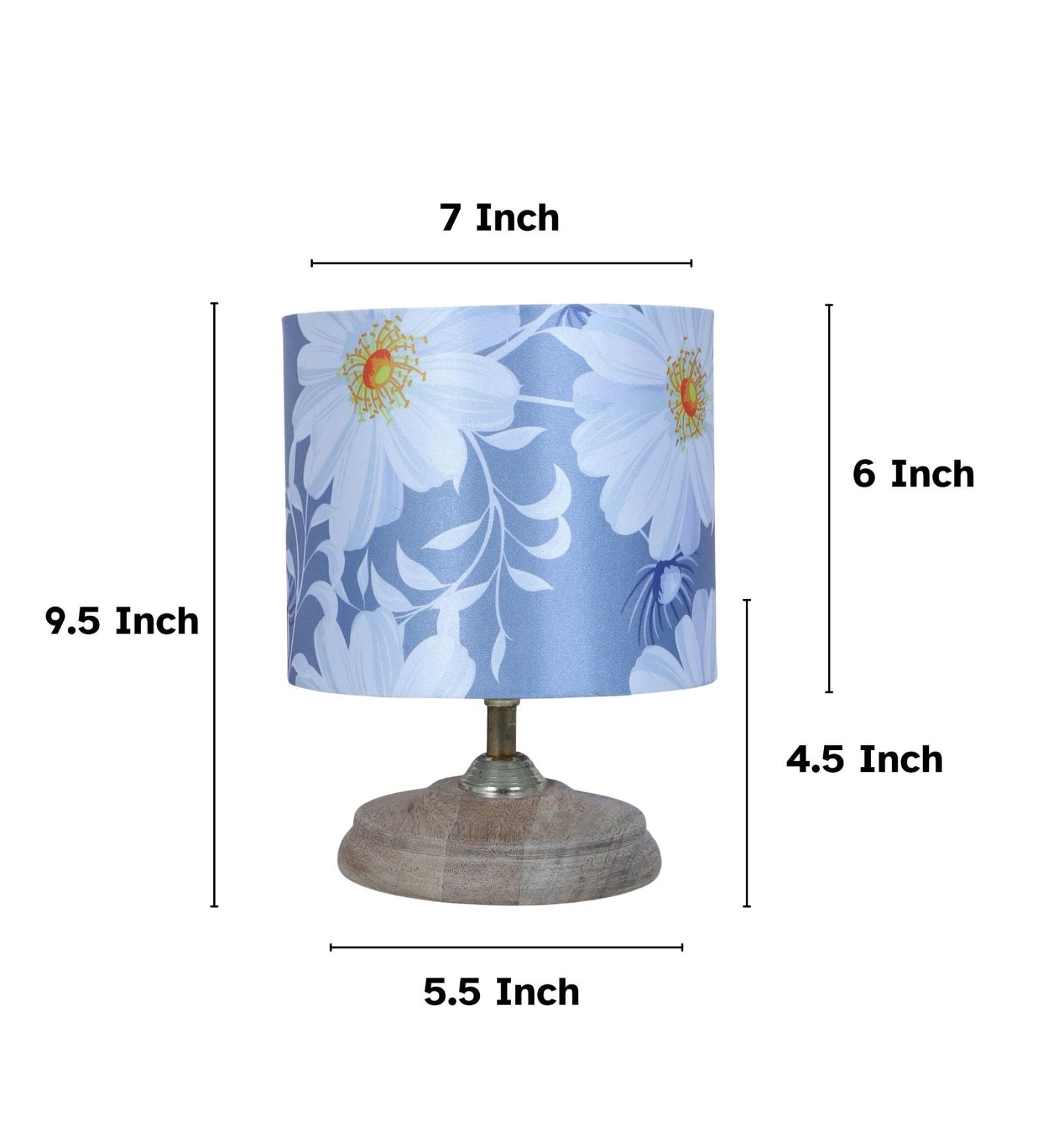 Circular Mangowood Table Lamp with Narcissue Floral Print Satin Shade