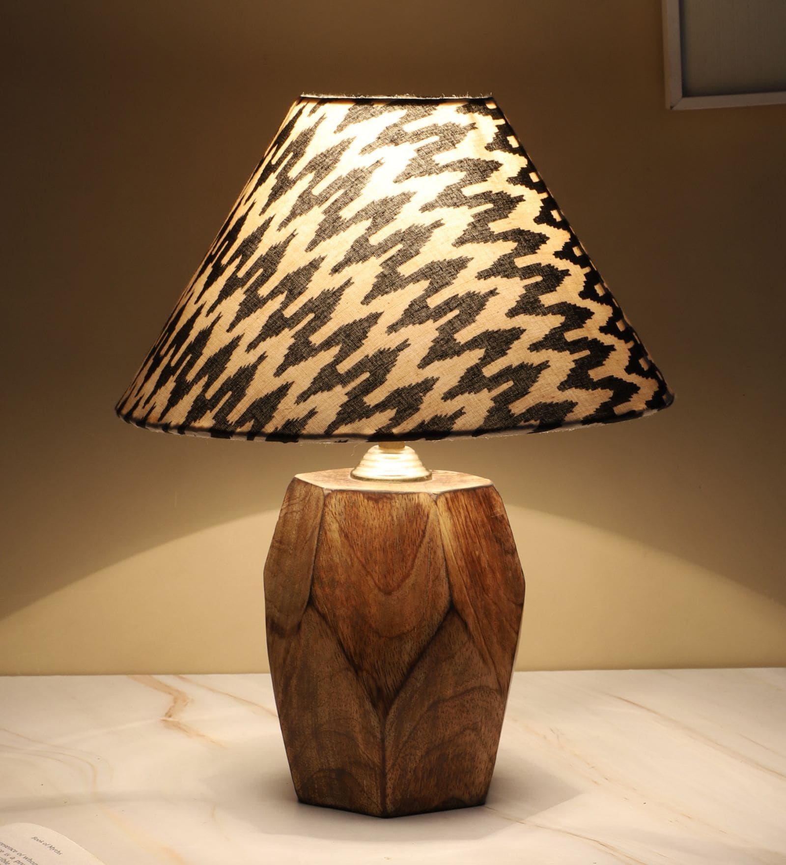 Diamondcut Mangowood Table Lamp with Chevron Print Satin Shade