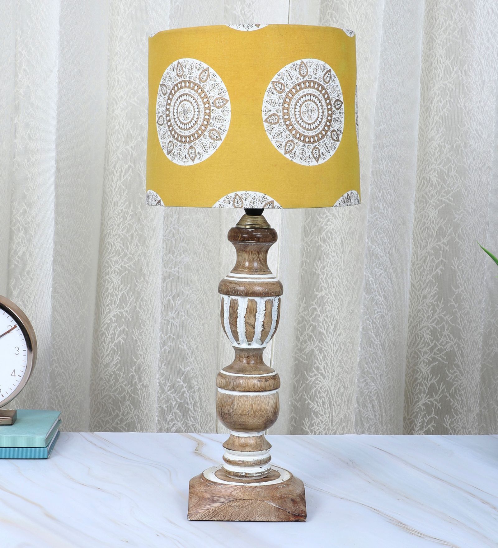 French Style Mangowood Table Lamp with Mandala Print Satin Shade