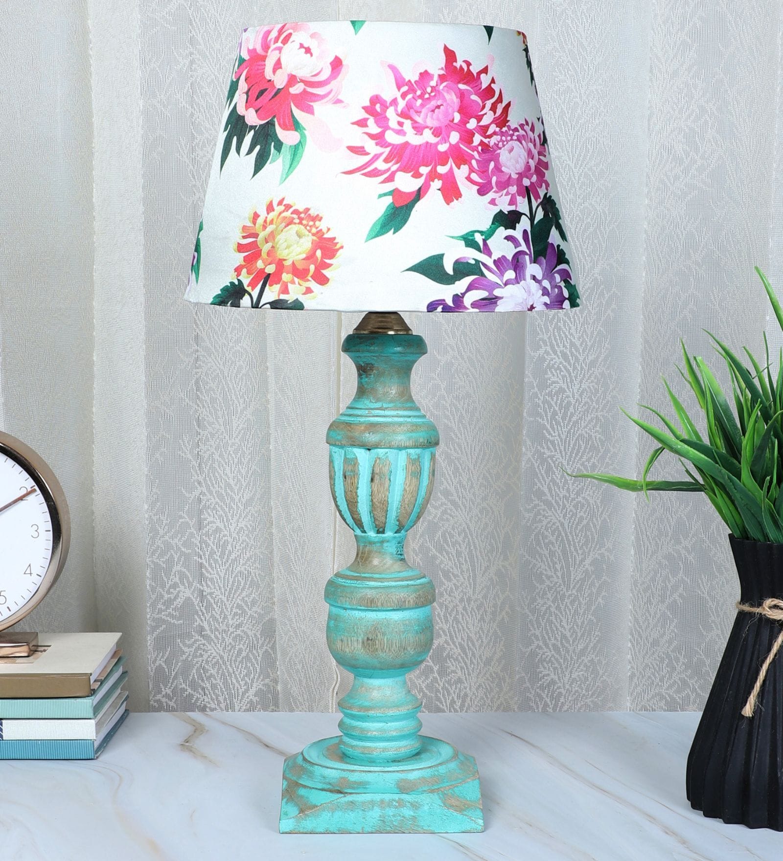 French Style Mangowood Table Lamp with Carnation Print Satin Shade