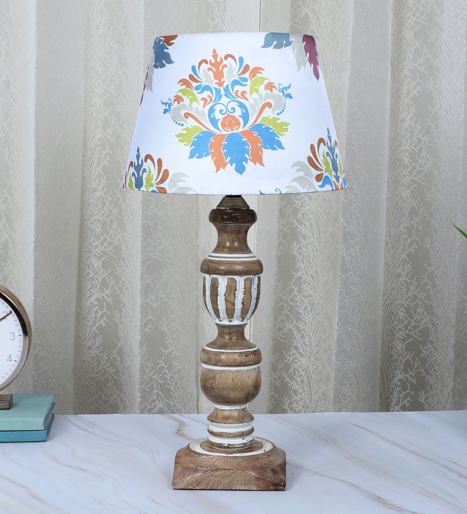 French Style Mangowood Table Lamp with English Oak Print Satin Shade