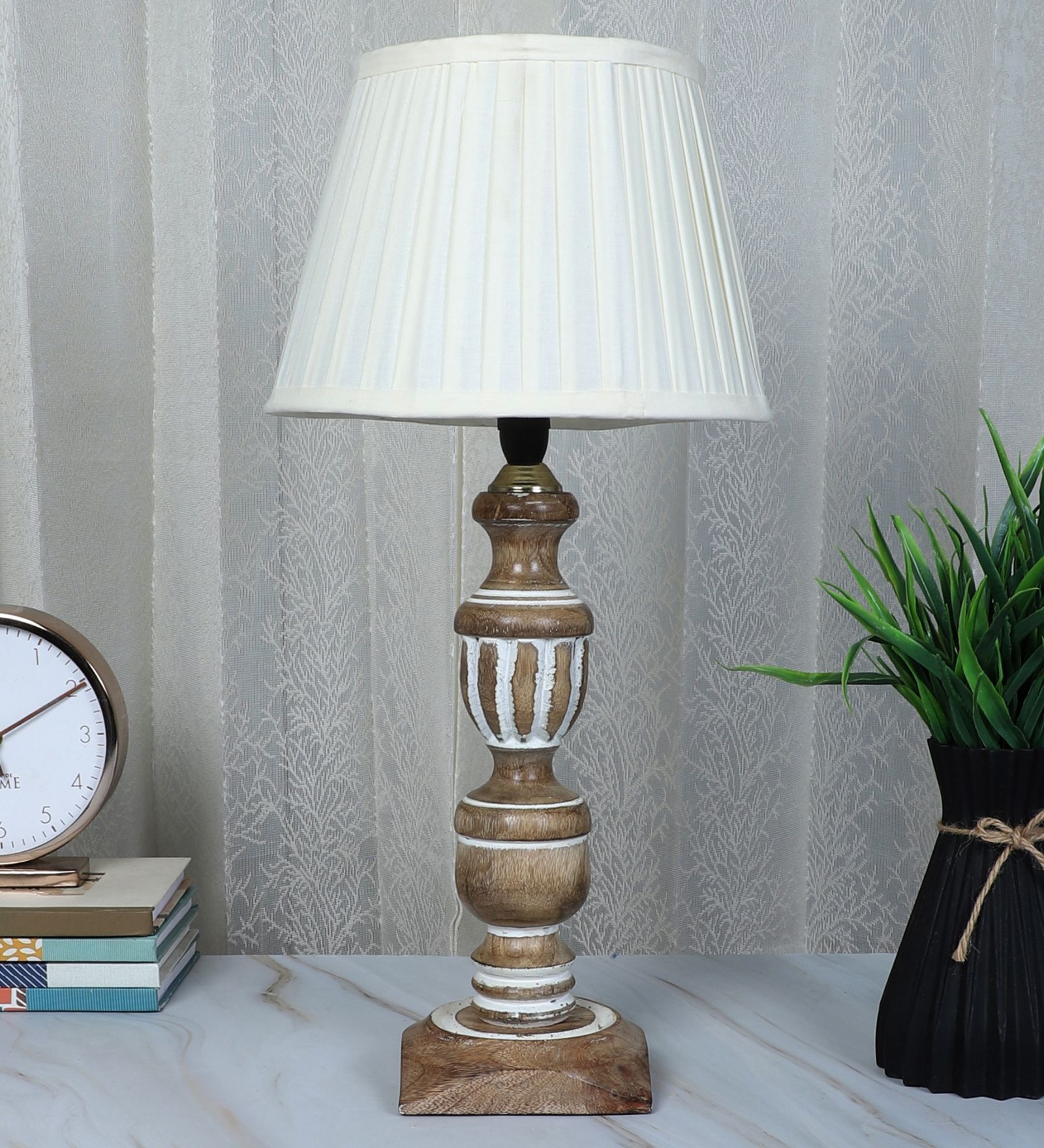 French Style Mangowood Table Lamp with Off White Satin Shade