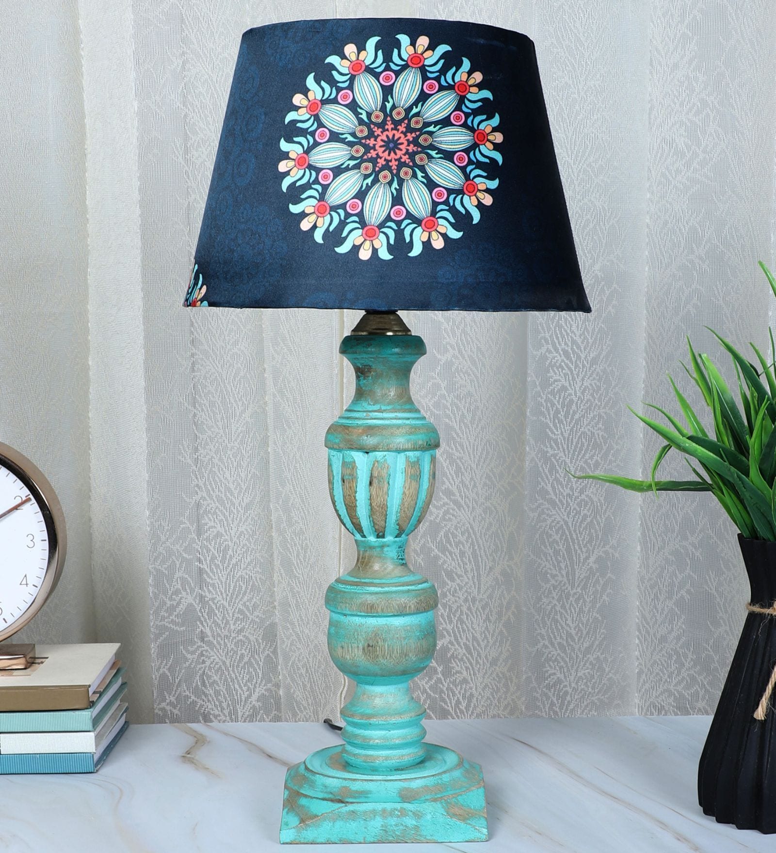 French Style Mangowood Table Lamp with French Floral Print Satin Shade