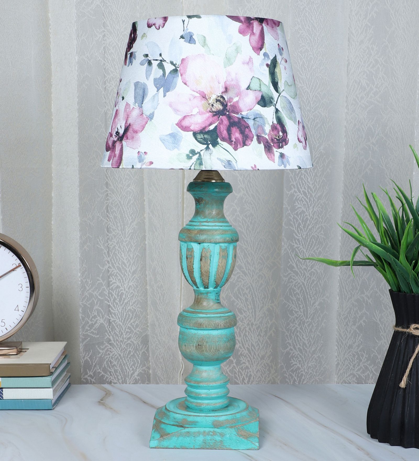 French Style Mangowood Table Lamp with Cobra Saffron Print Satin Shade