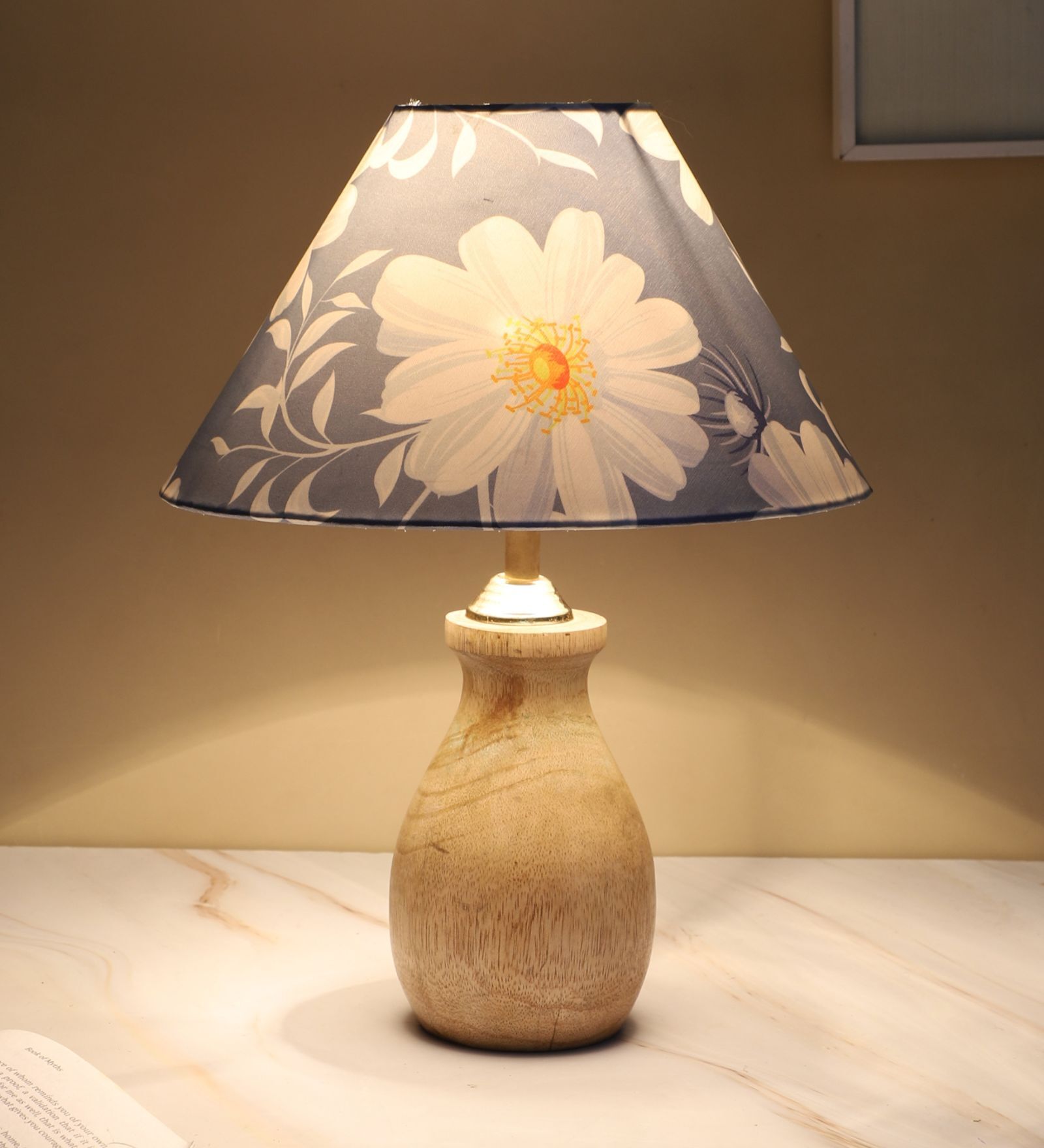 Pot Style Mangowood Table Lamp with Narcissue Floral Print Satin Shade