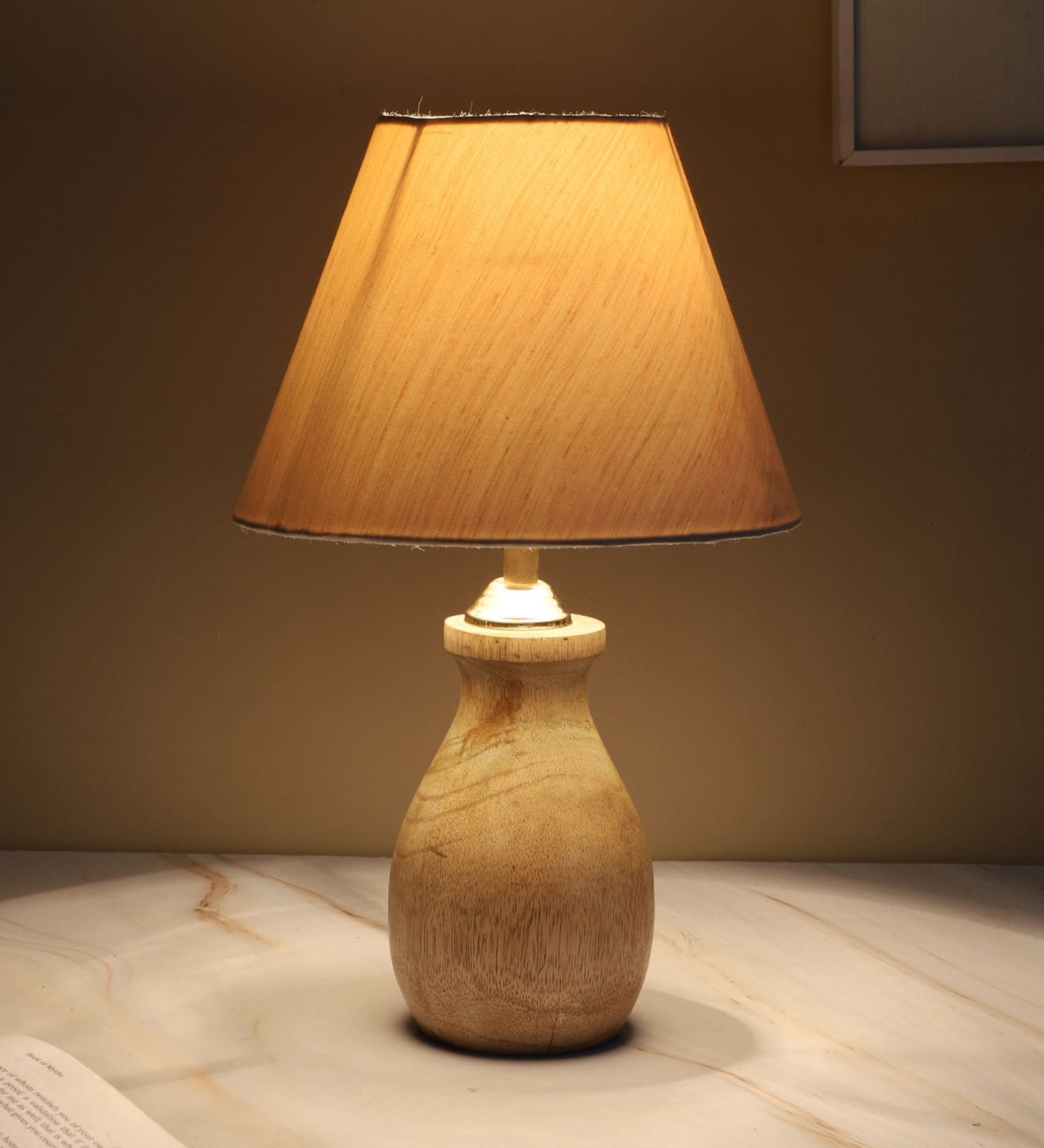 Pot Style Mangowood Table Lamp with Off White Cotton Shade