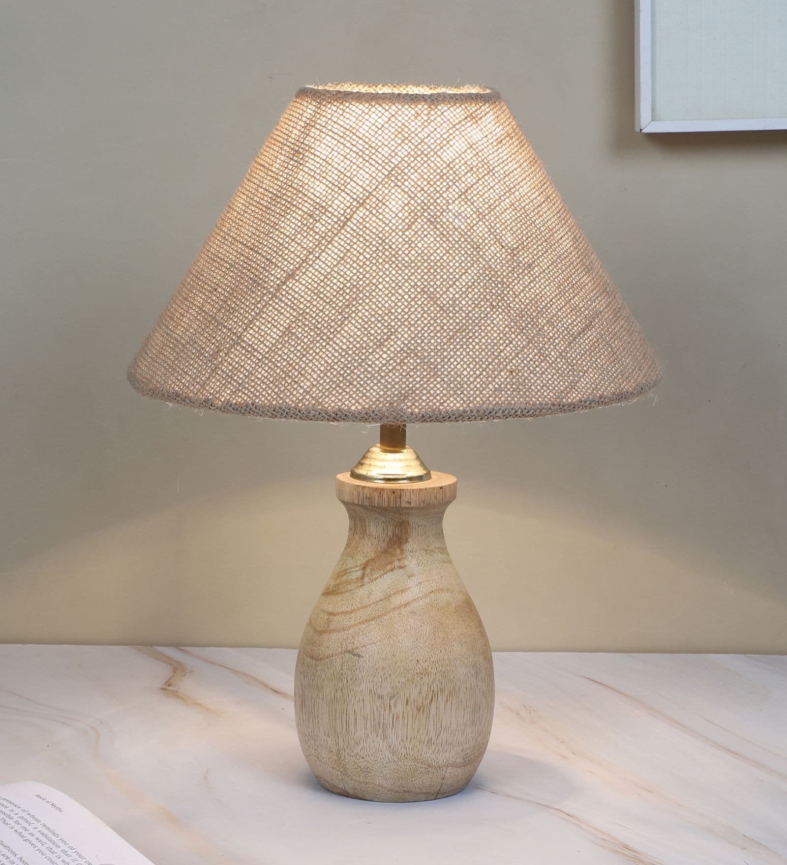 Pot Style Mangowood Table Lamp with Beige Jute Shade