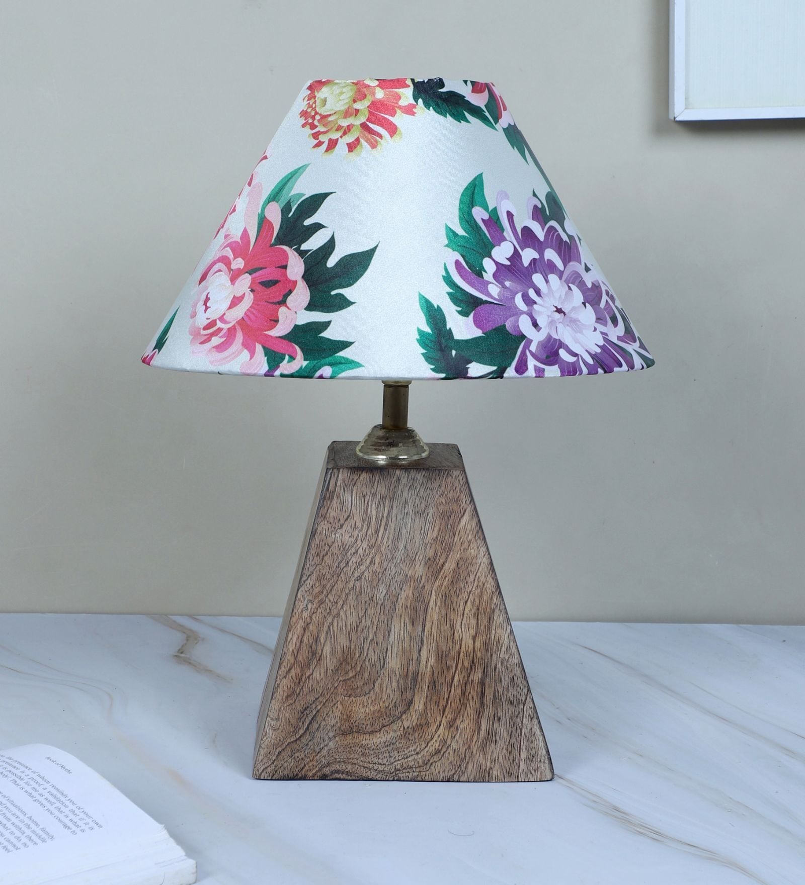 Pyramid Style Mangowood Table Lamp with Carnation Print Satin Shade