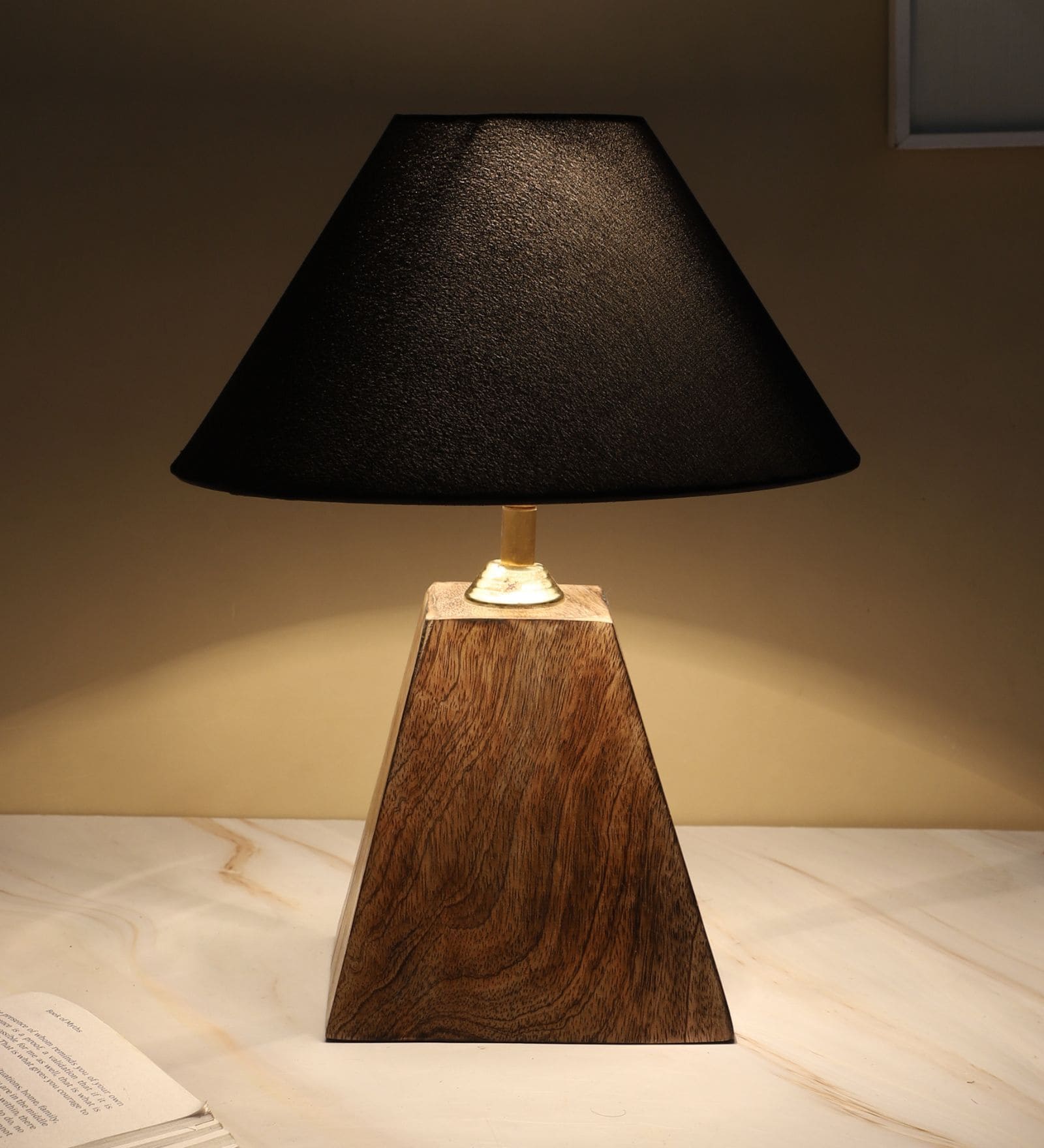 Pyramid Style Mangowood Table Lamp with Black Cotton Shade