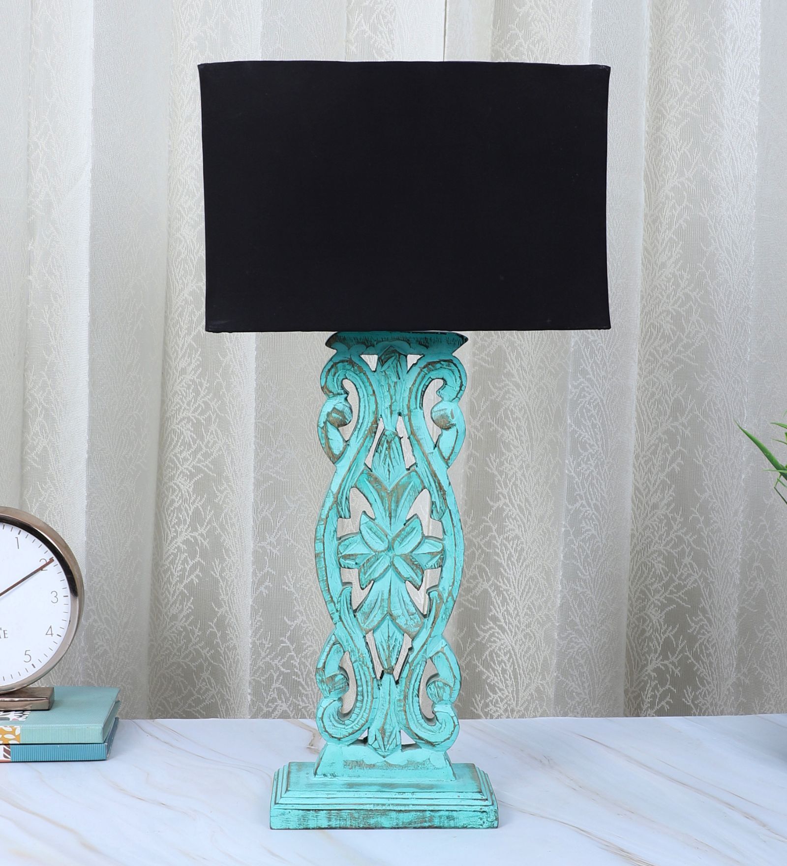 Rustic Aqua French Mangowood Table Lamp with Black Cotton Shade