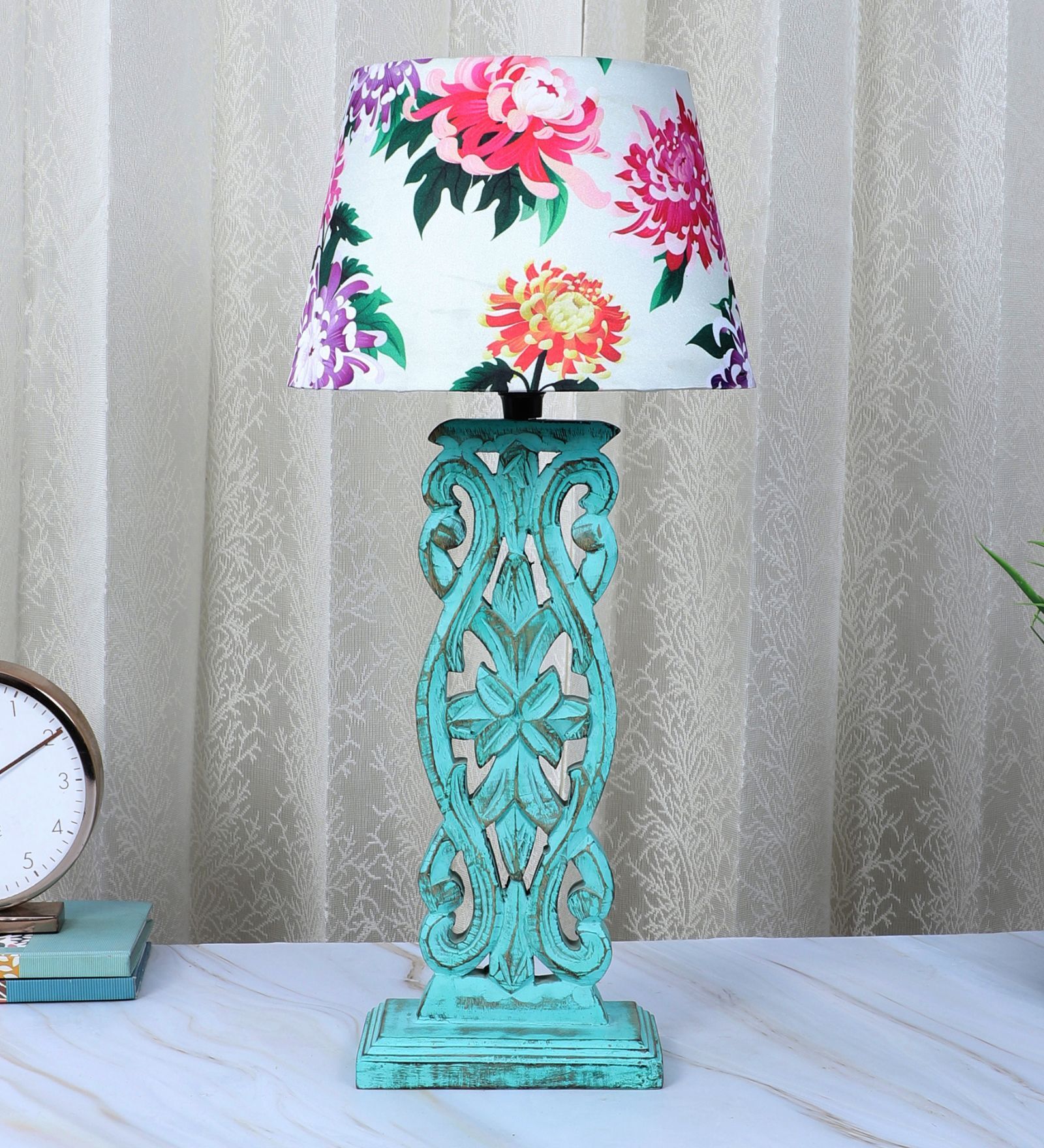 Rustic Aqua French Mangowood Table Lamp with Carnation Print Satin Shade