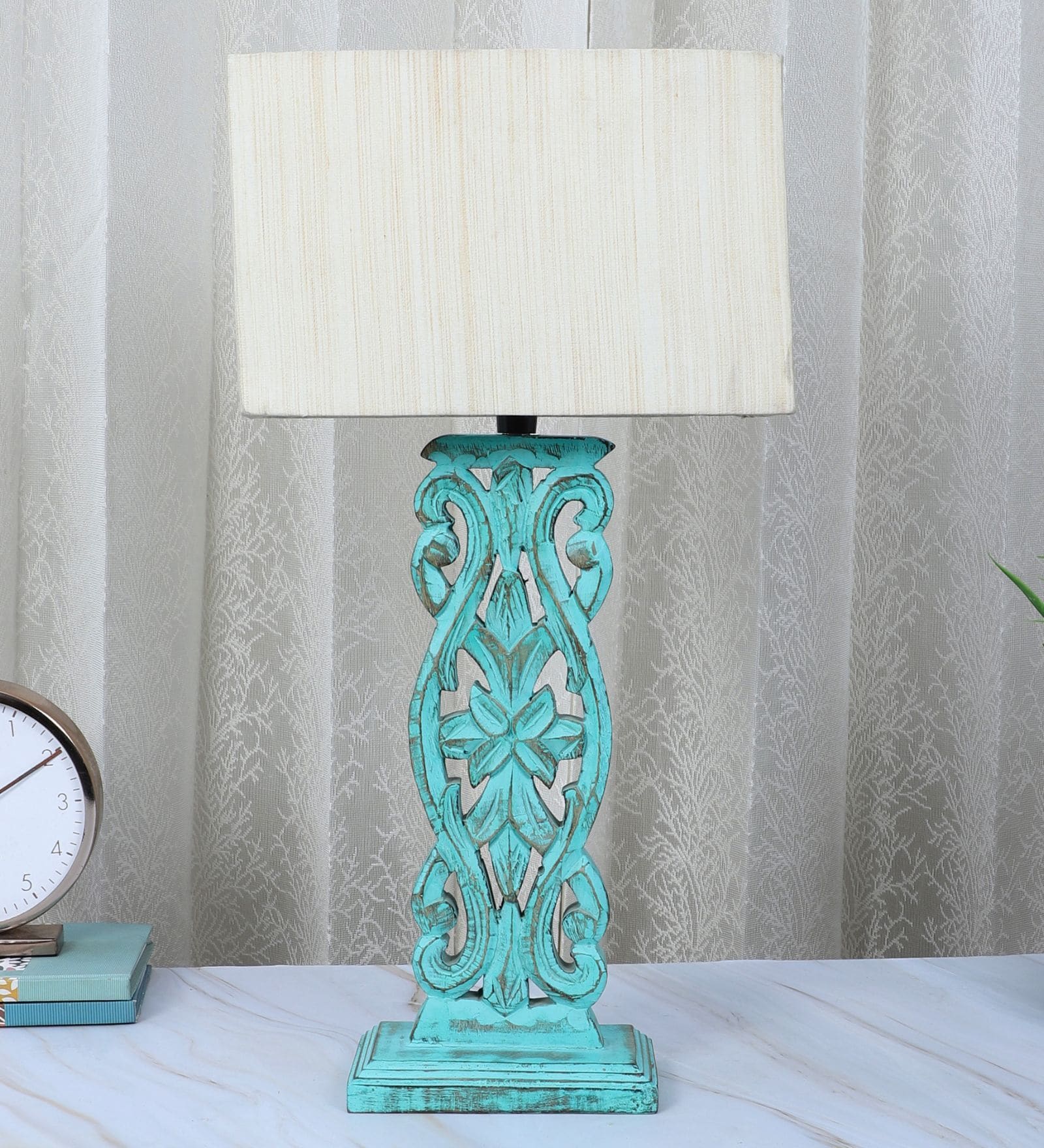 Rustic Aqua French Mangowood Table Lamp with Off White Cotton Shade
