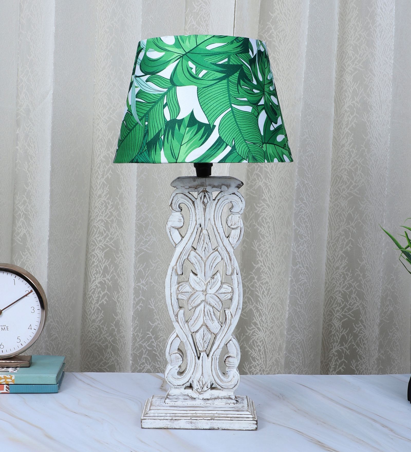 Rustic White French Mangowood Table Lamp with Palm Print Satin Shade
