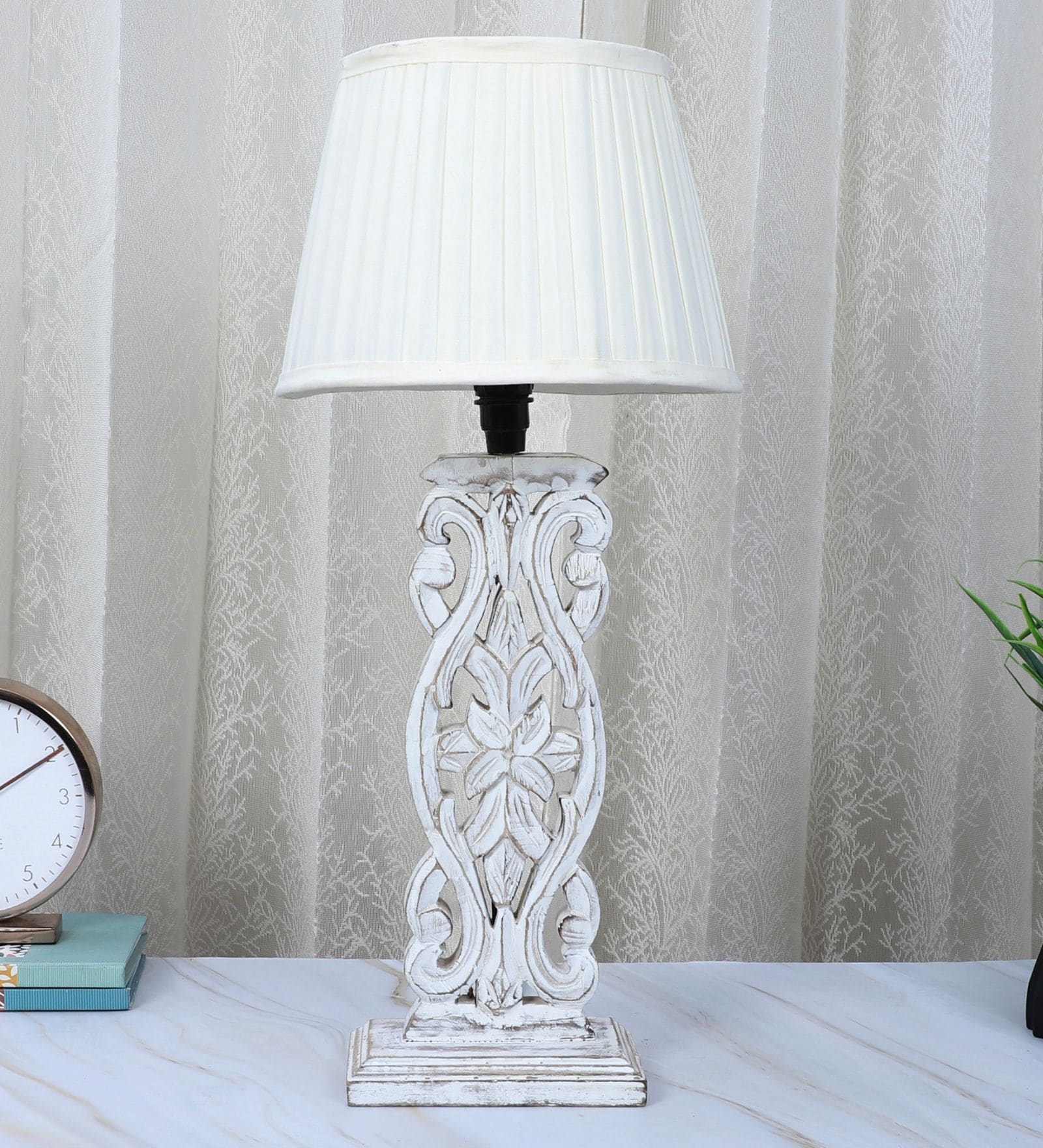 Rustic White French Mangowood Table Lamp with Off White Satin Shade