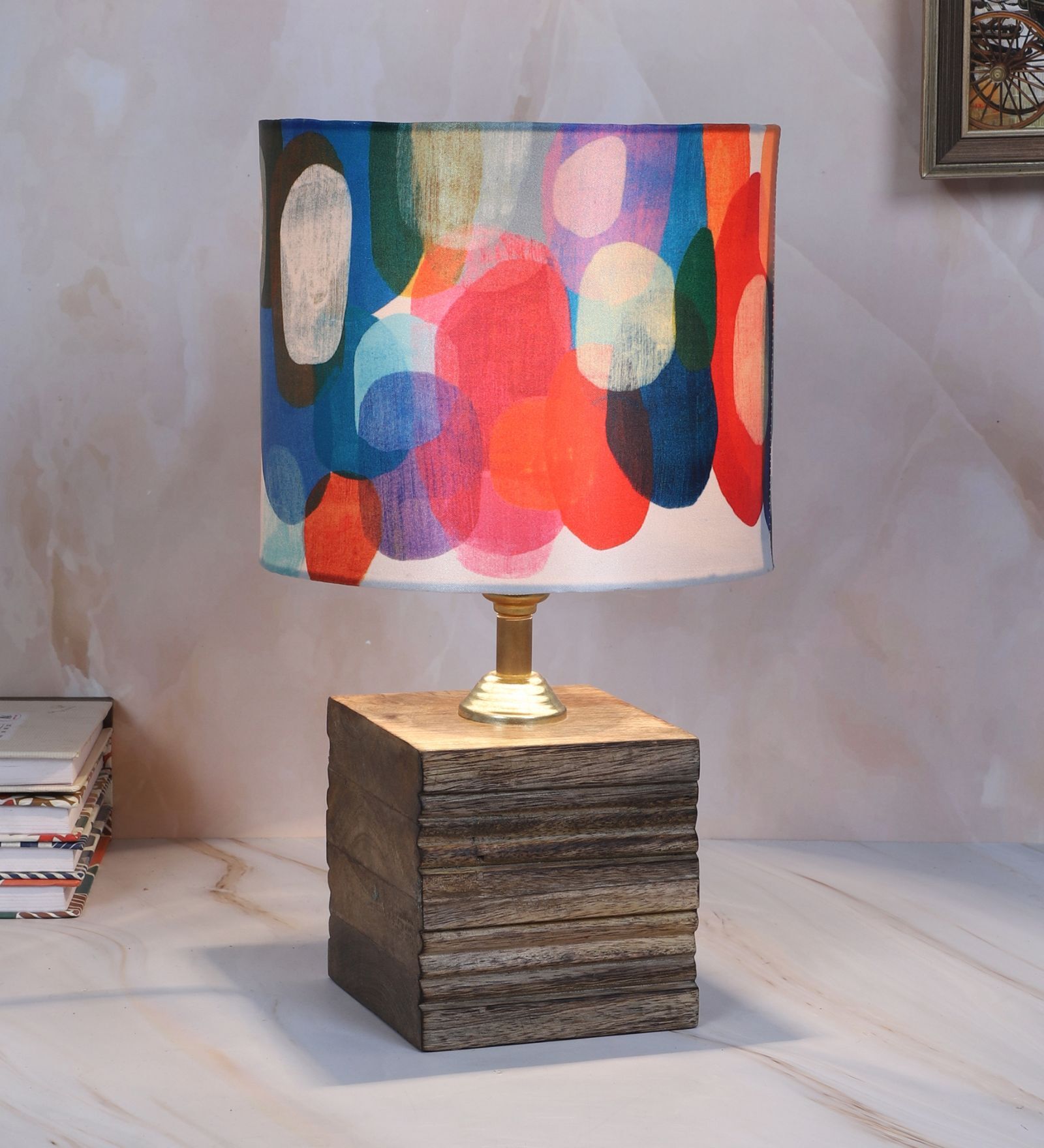 Square Block Style Mangowood Table Lamp with Abstract Print Satin Shade