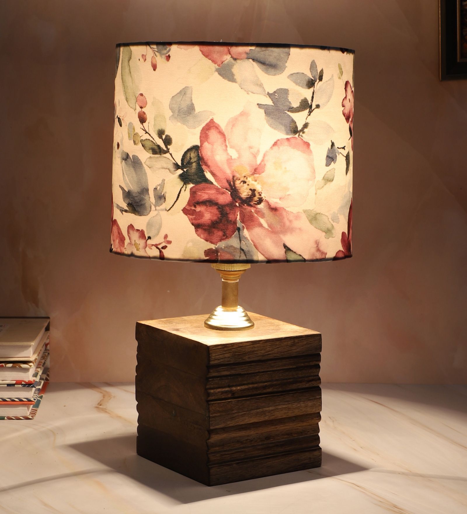 Square Block Style Mangowood Table Lamp with Cobra Saffron Print Satin Shade