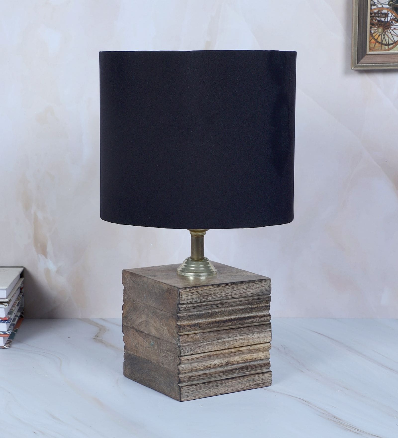 Square Block Style Mangowood Table Lamp with Black Cotton Shade