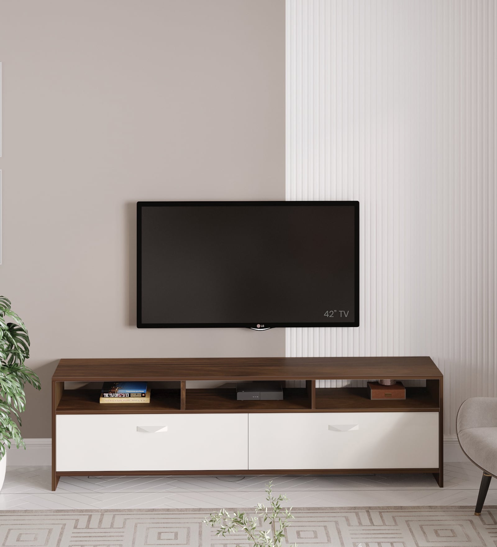 Mannsae TV Unit In Brown Maple & White Finish Mannsae TV Unit In Brown Maple & White Finish