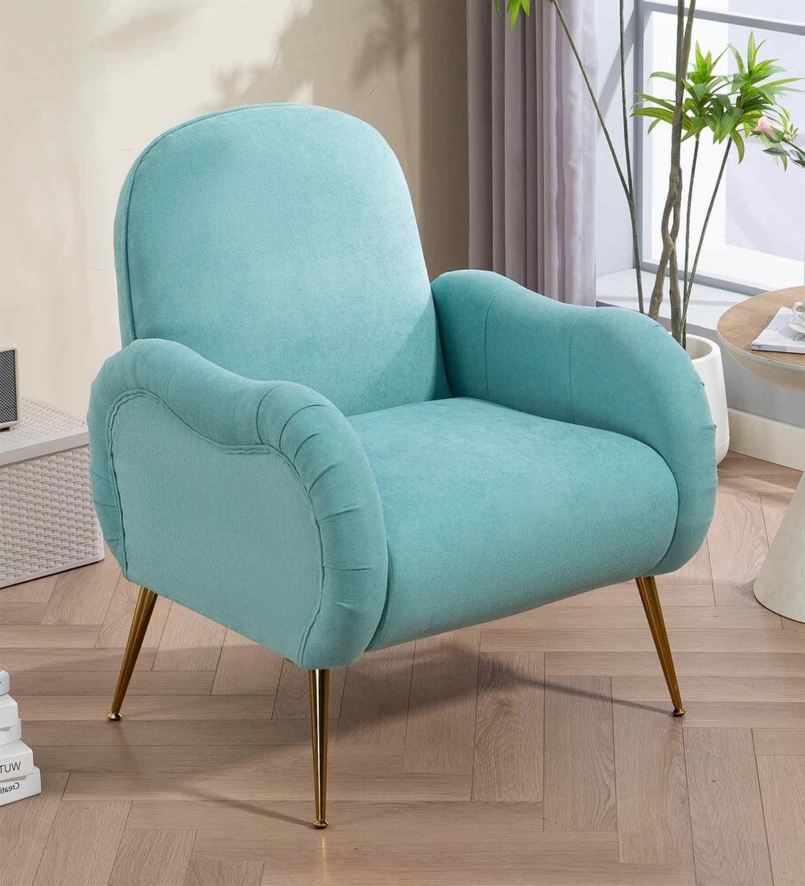 Mano Velvet Fabric Lounge Chair In Mint Blue Colour