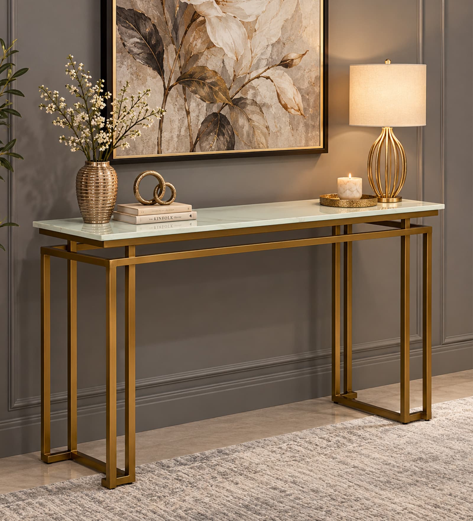 Mantova Metal Console Table in Gold Finish with Porcelain Top