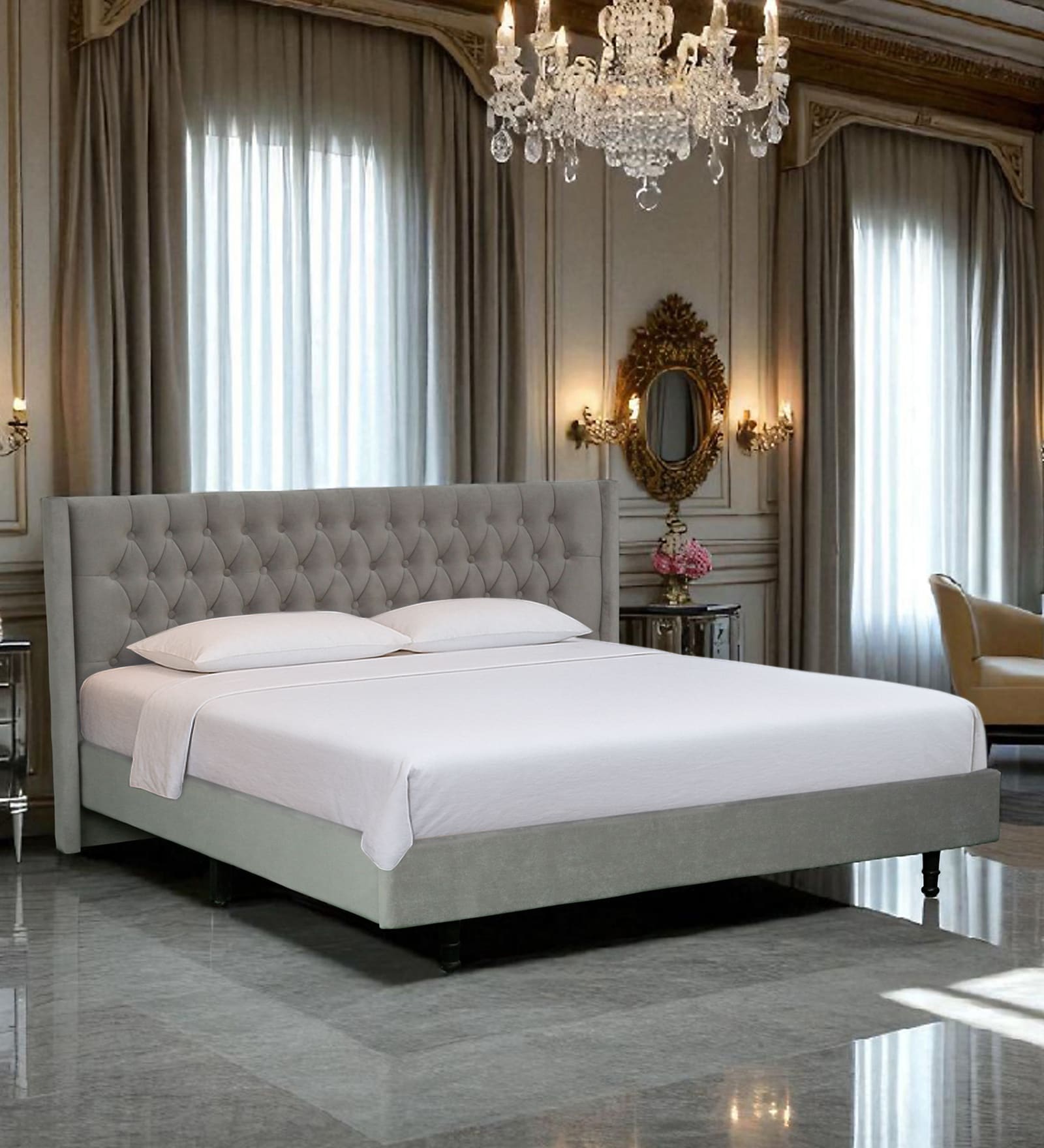 Maraya Upholstered King Size Bed In Grey Color