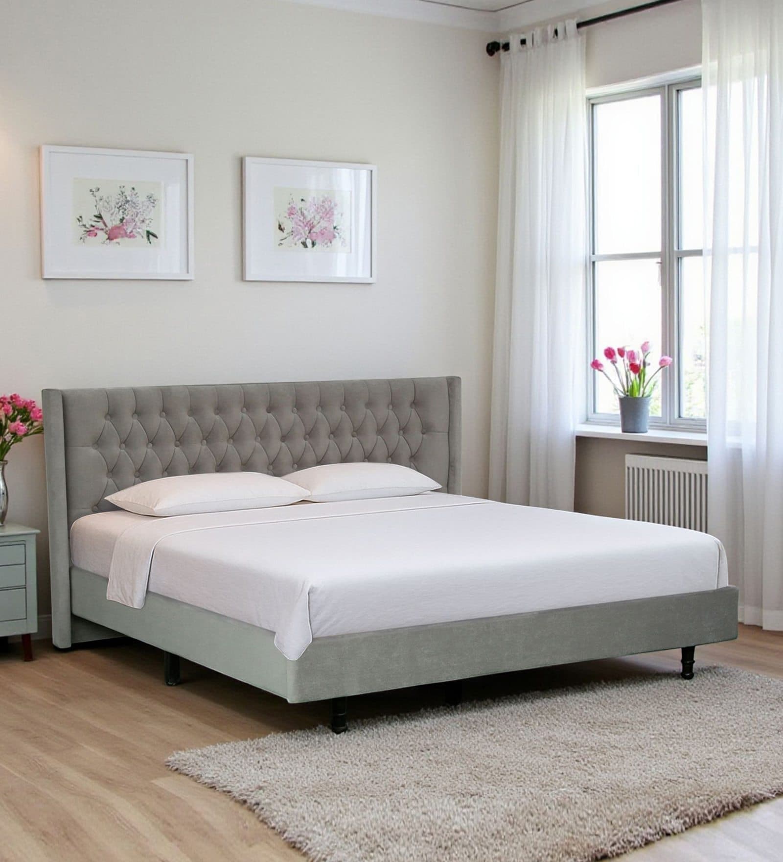 Maraya Upholstered Queen Size Bed In Grey Color Maraya Upholstered Queen Size Bed In Grey Color