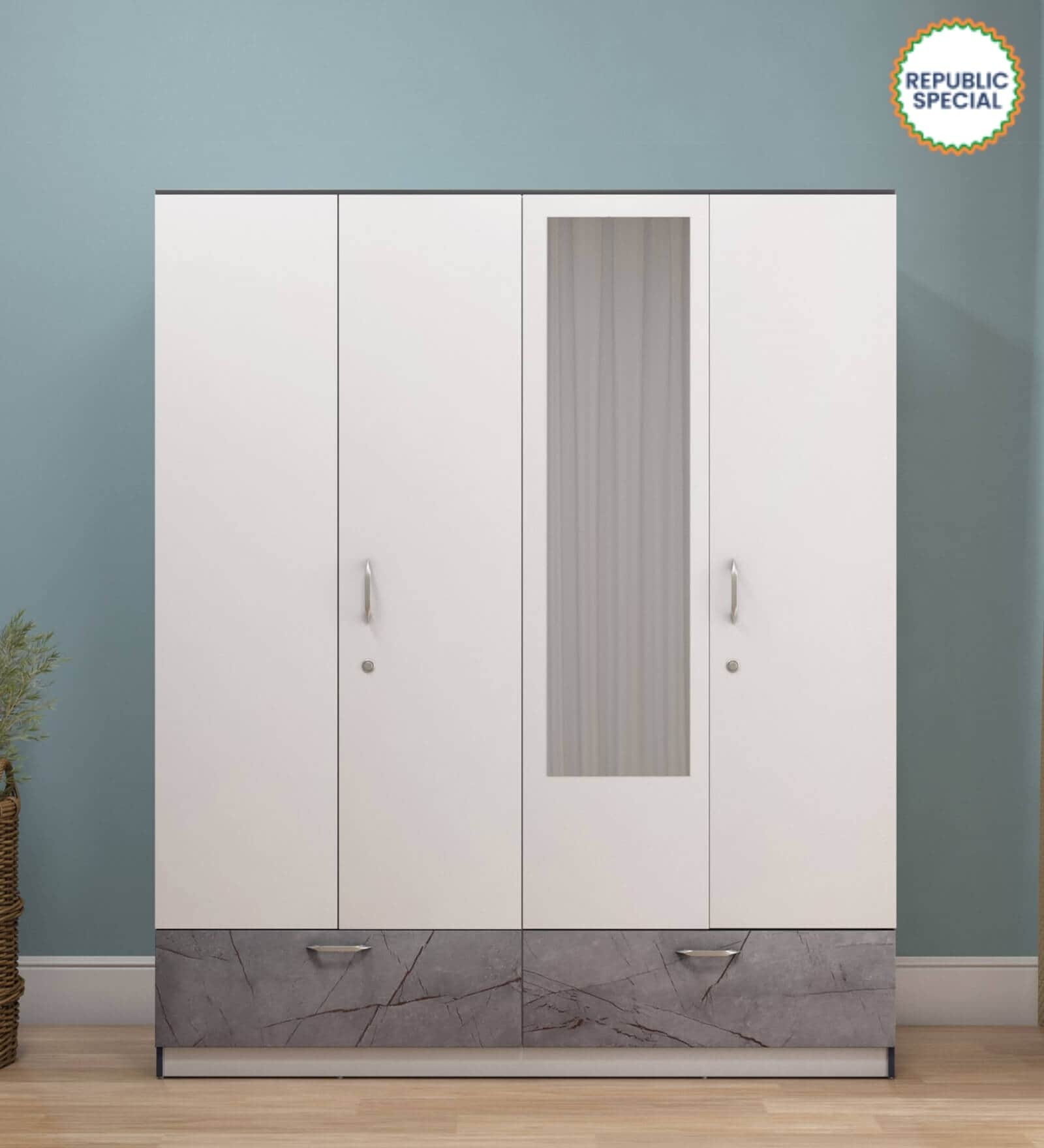 Marbito 4 Door Wardrobe in White Finish with Mirror