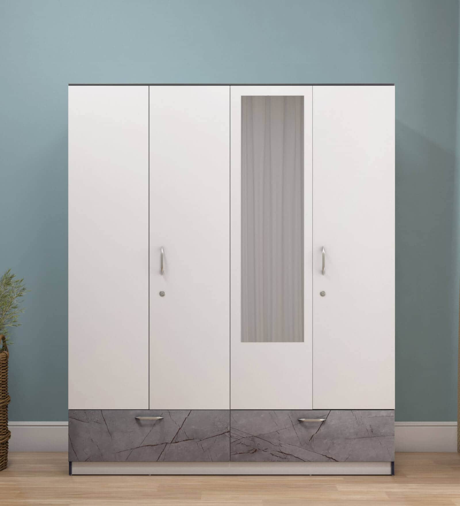 Marbito 4 Door Wardrobe in White Finish with Mirror