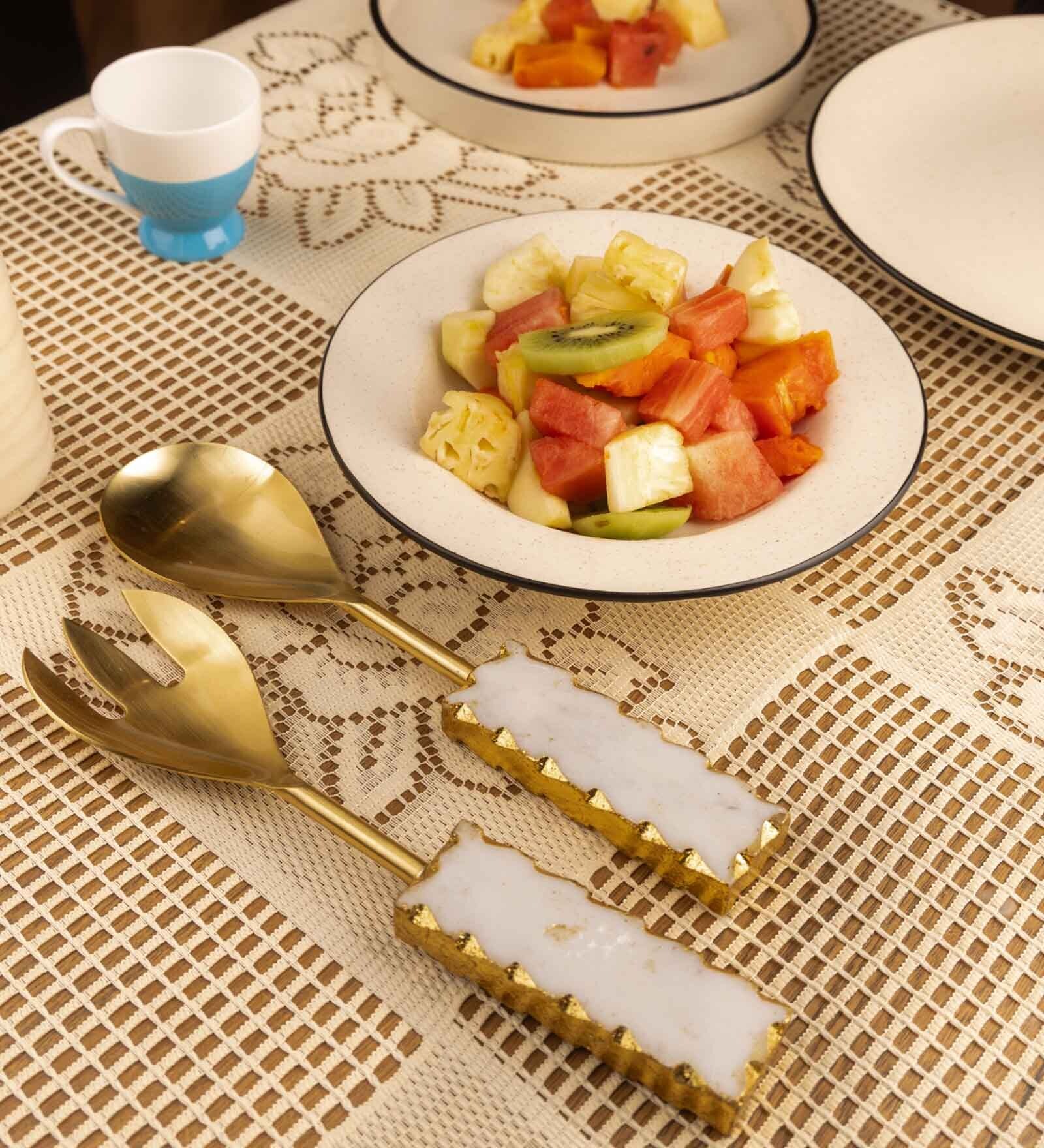 Marble and Golden Metal Cake Server with Gold Leafing Polished Finish