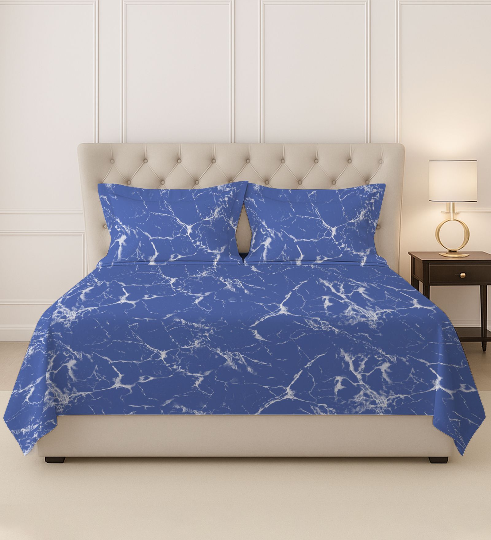 Marble Blue Printed 400 TC Cotton Super King Sized Bedsheet with 2 Pillow Covers