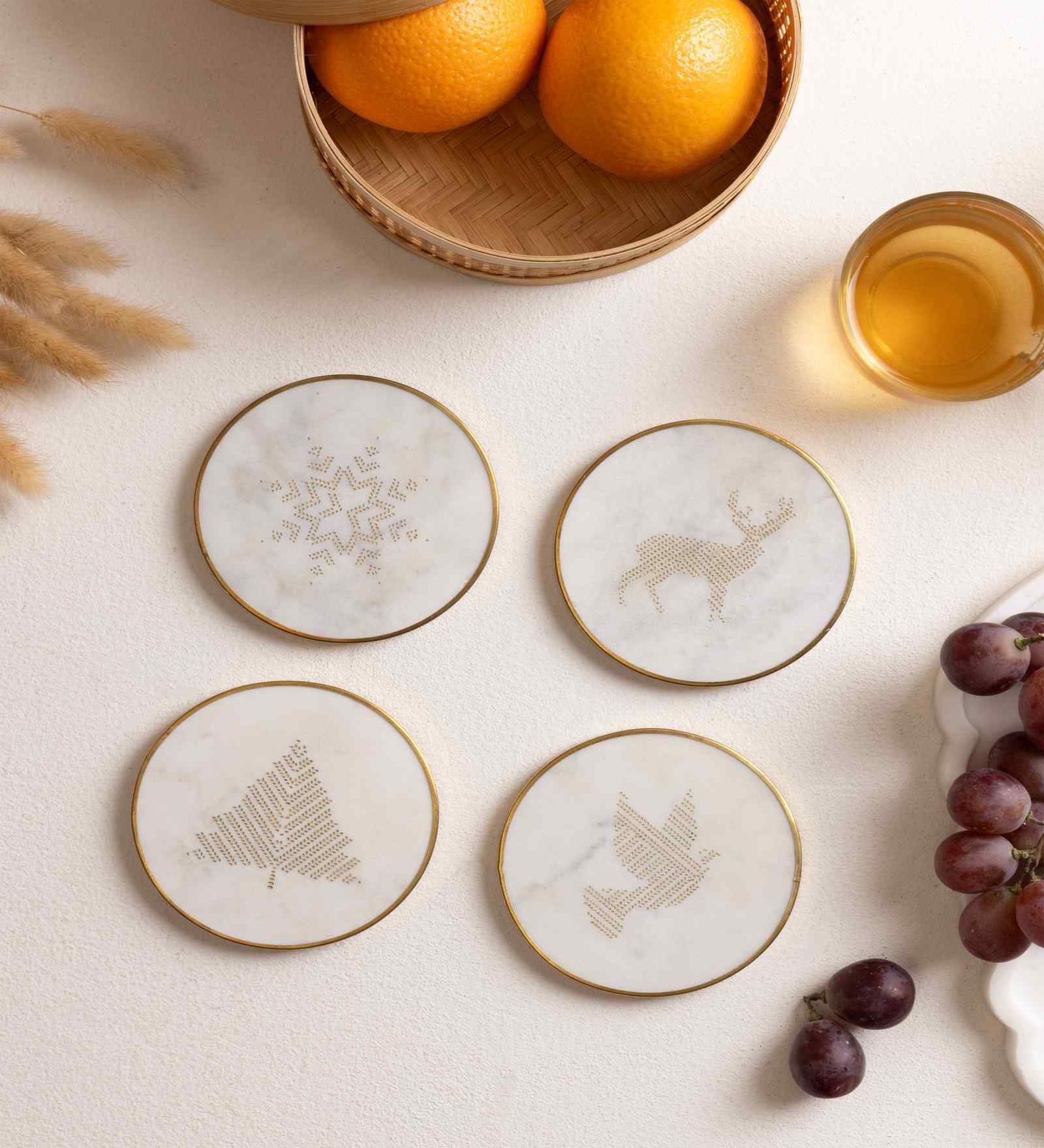 Marble Coasters Brass Ring White- Christmas Theme (Set Of 4)