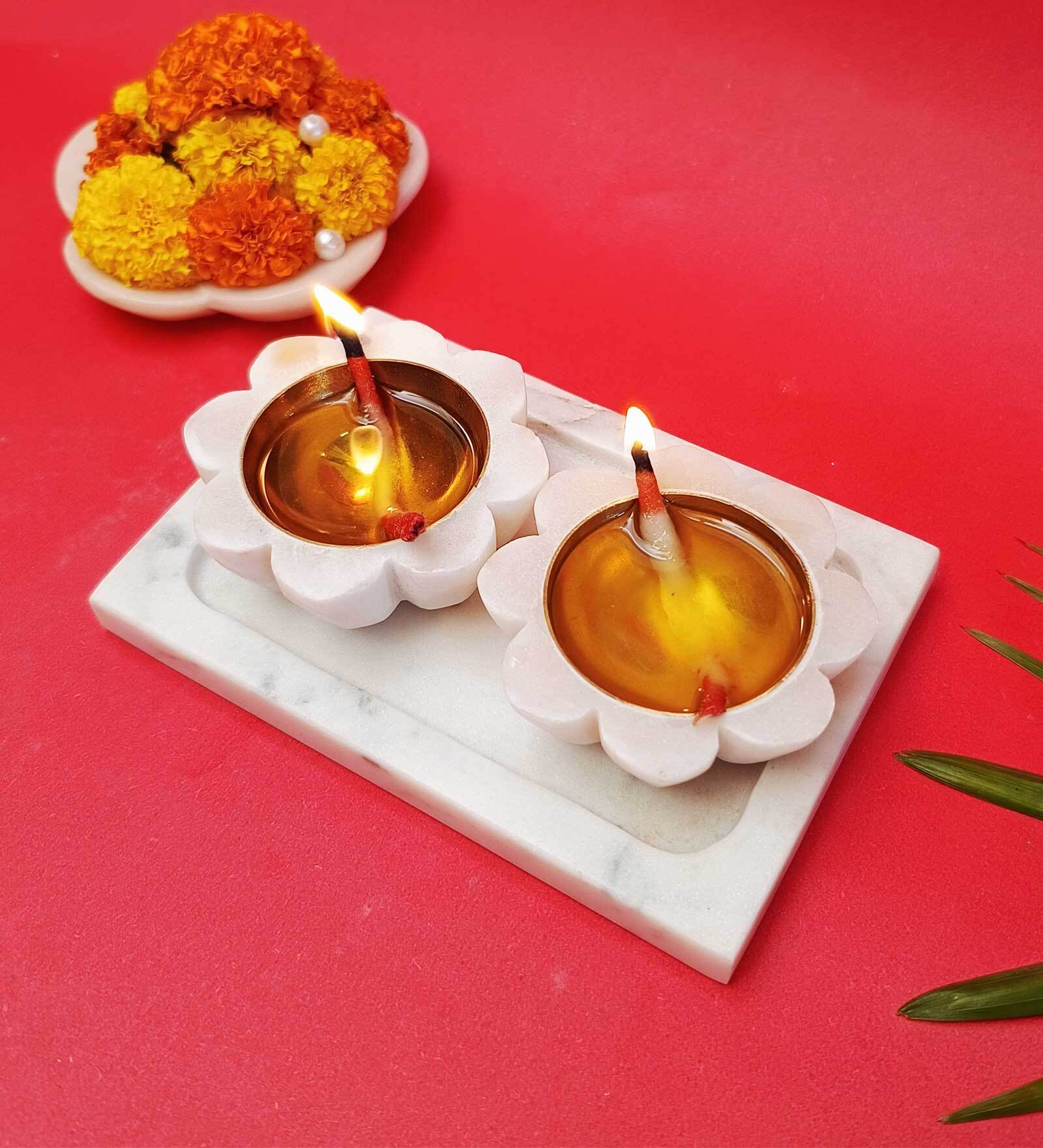 White Marble Diya Set With Tray