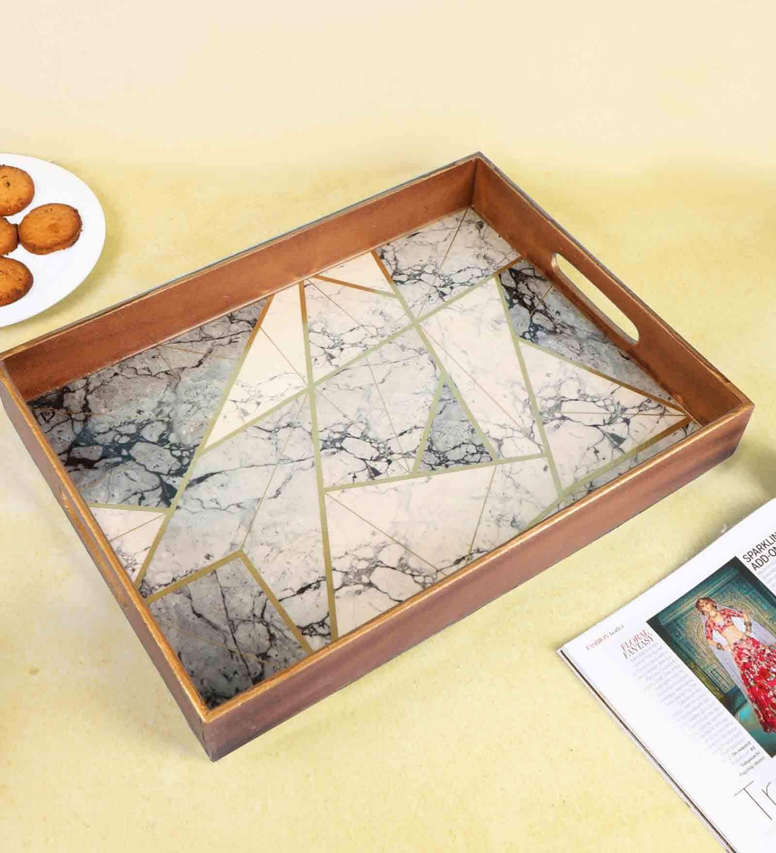 Marble Grey White & Gold MDF Wood Rectangle Serving Trays